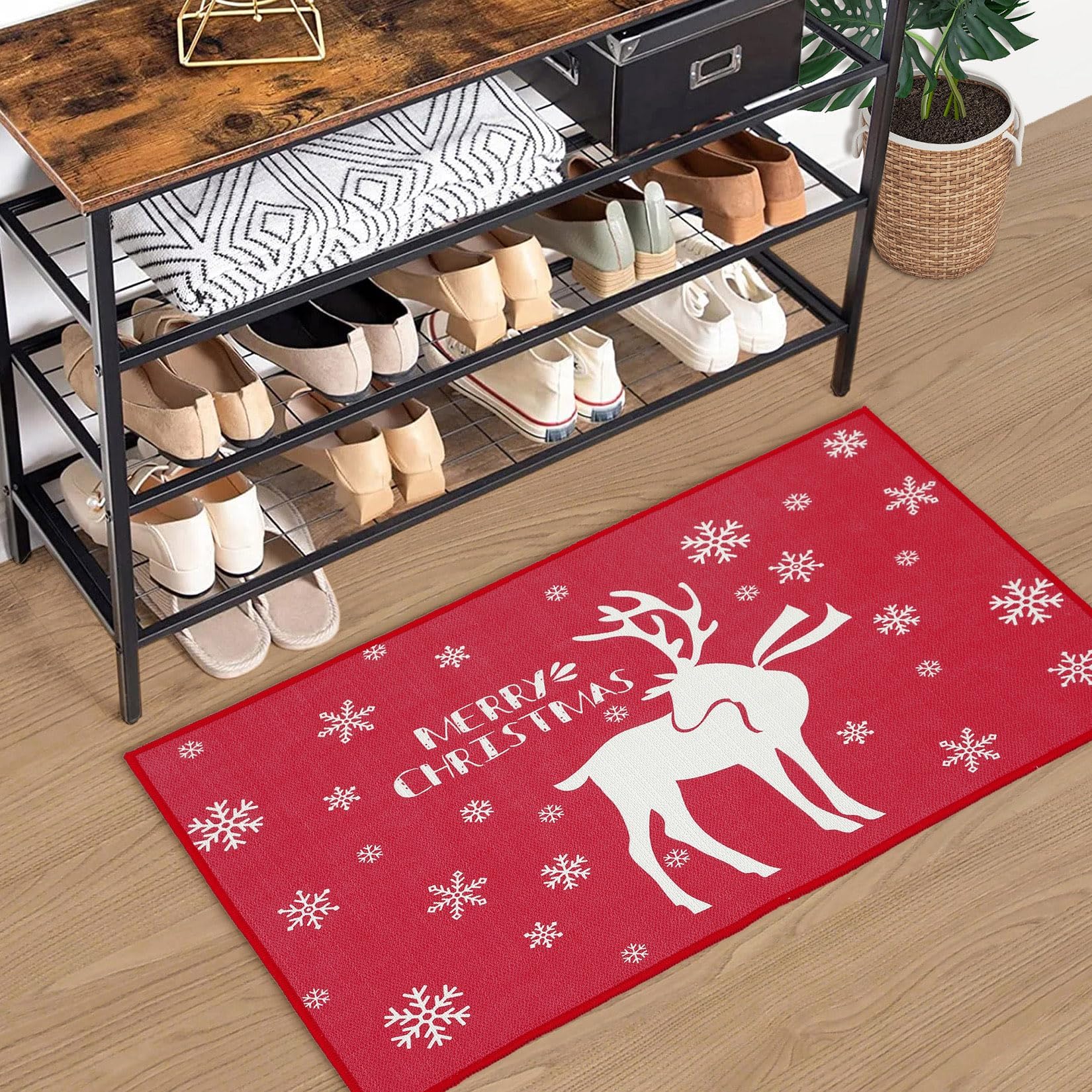 Tapis de Noël Garvee, antidérapant, lavable, motif cerf, pour porte d'entrée, salle de bain, cuisine, 40 x 60 cm, rouge