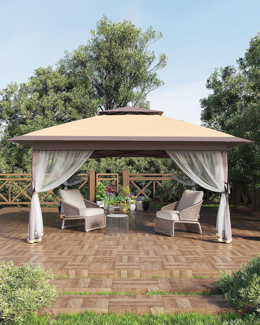 Garvee Gazebo Pop-Up 3,65x3,65m avec Moustiquaire, Double Toit, Structure Métal, Hauteur Réglable, Anti-UV pour Jardin et Terrasse