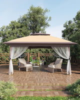 Garvee Gazebo Pop-Up 3,65 × 3,65 m avec Moustiquaire, Double Toit, Structure Métal, Hauteur Réglable, Anti-UV pour Jardin et Terrasse - Beige