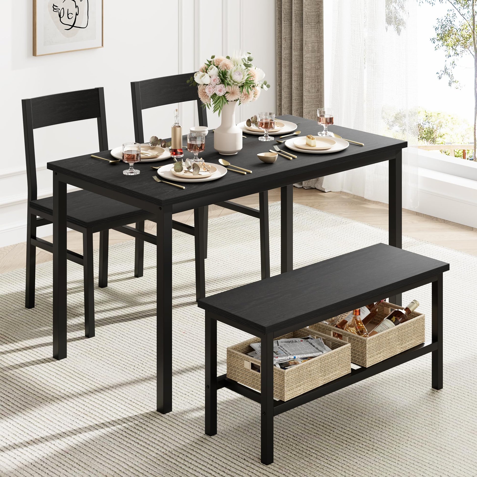 Ensemble table et chaises Garvee pour 4 personnes avec banc et chaises, gain de place, rangement intégré, MDF et acier, robuste, noir, idéal pour les petits appartements