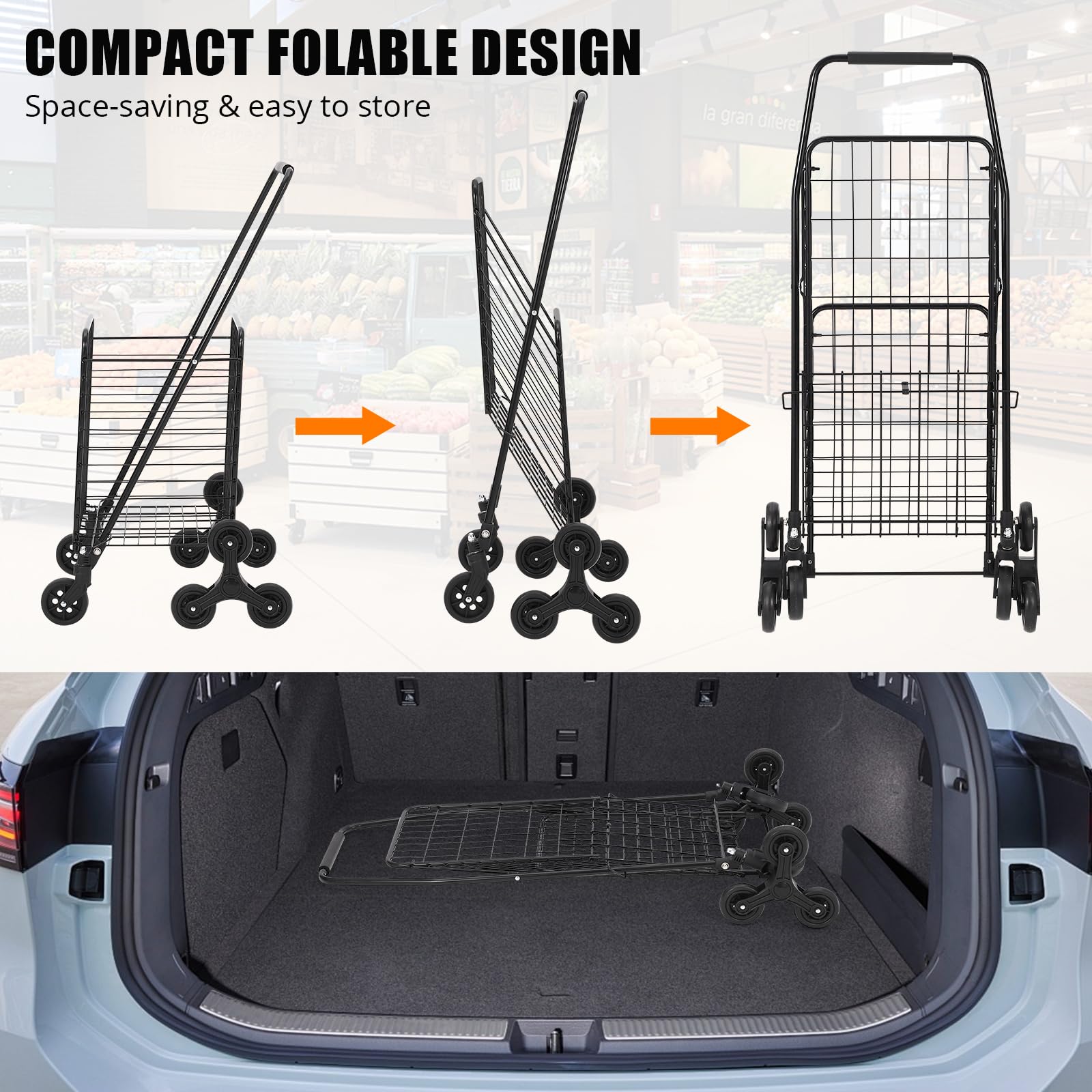 Chariot de courses pliable Garvee, capacité de 50 kg, avec roues pour monter les escaliers, idéal pour les courses et les voyages, capacité de 83 litres, structure en métal, pliable
