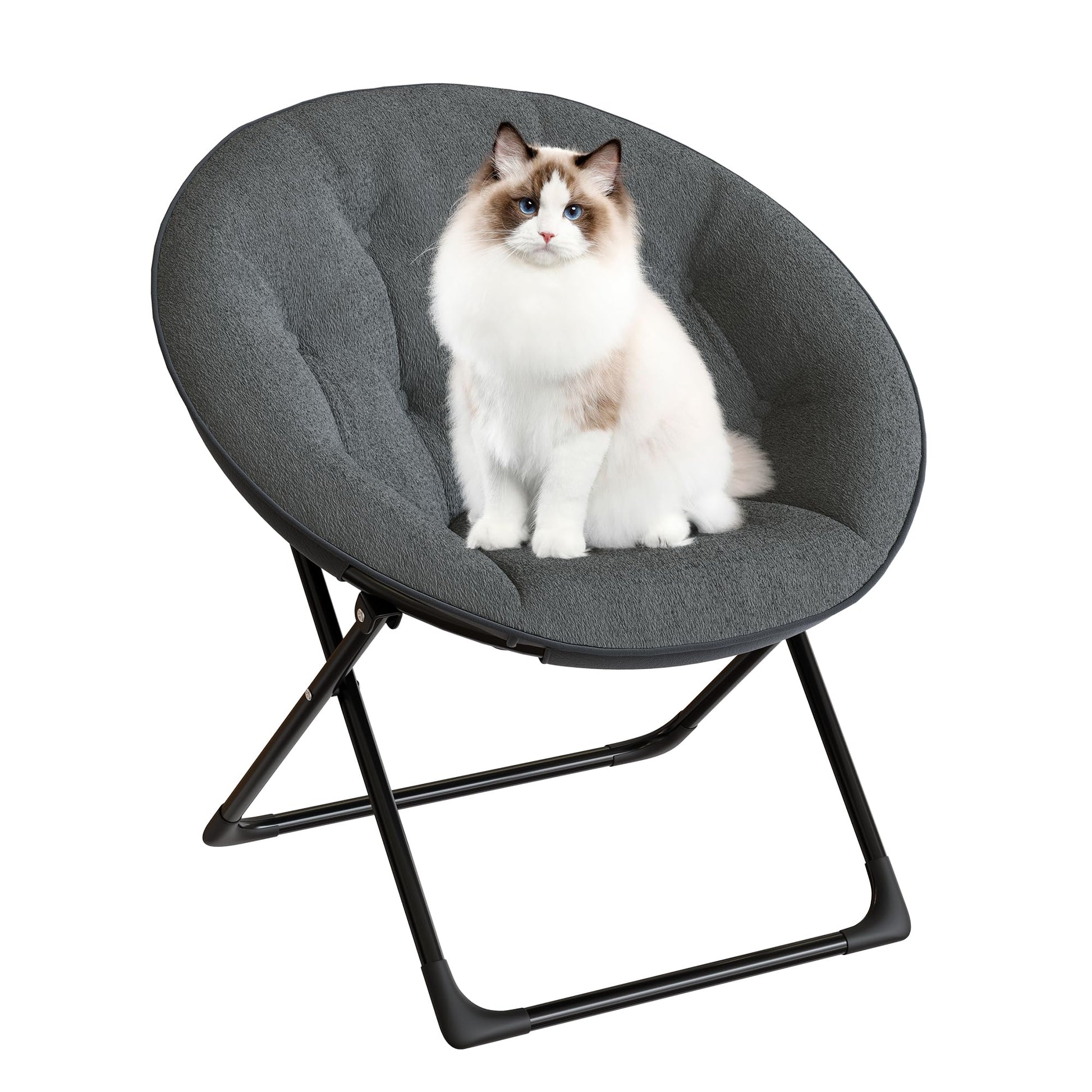 Fauteuil soucoupe pliable Garvee en fausse fourrure avec structure en métal, gris, confortable et portable, idéal pour la chambre et le jardin.