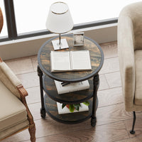 Garvee Table d’appoint ronde 3 niveaux avec étagère, style chêne rustique, bois et métal industriel, idéale salon, chambre et petits espaces.