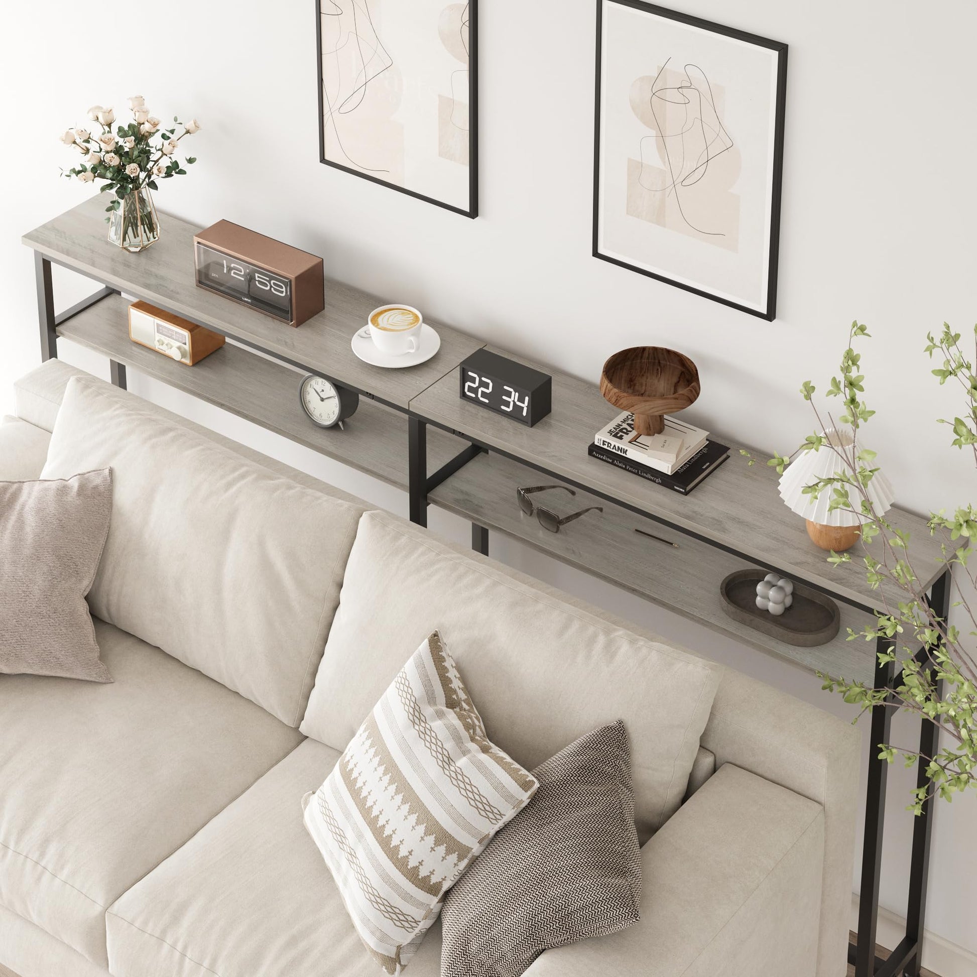 Console étroite GARVEE 180x23x100 cm, 2 étagères, espace de rangement, bois, extra longue, grise, pour entrée et salon