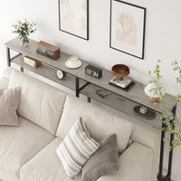 Console étroite GARVEE 180x23x100 cm, 2 étagères, espace de rangement, bois, extra longue, grise, pour entrée et salon