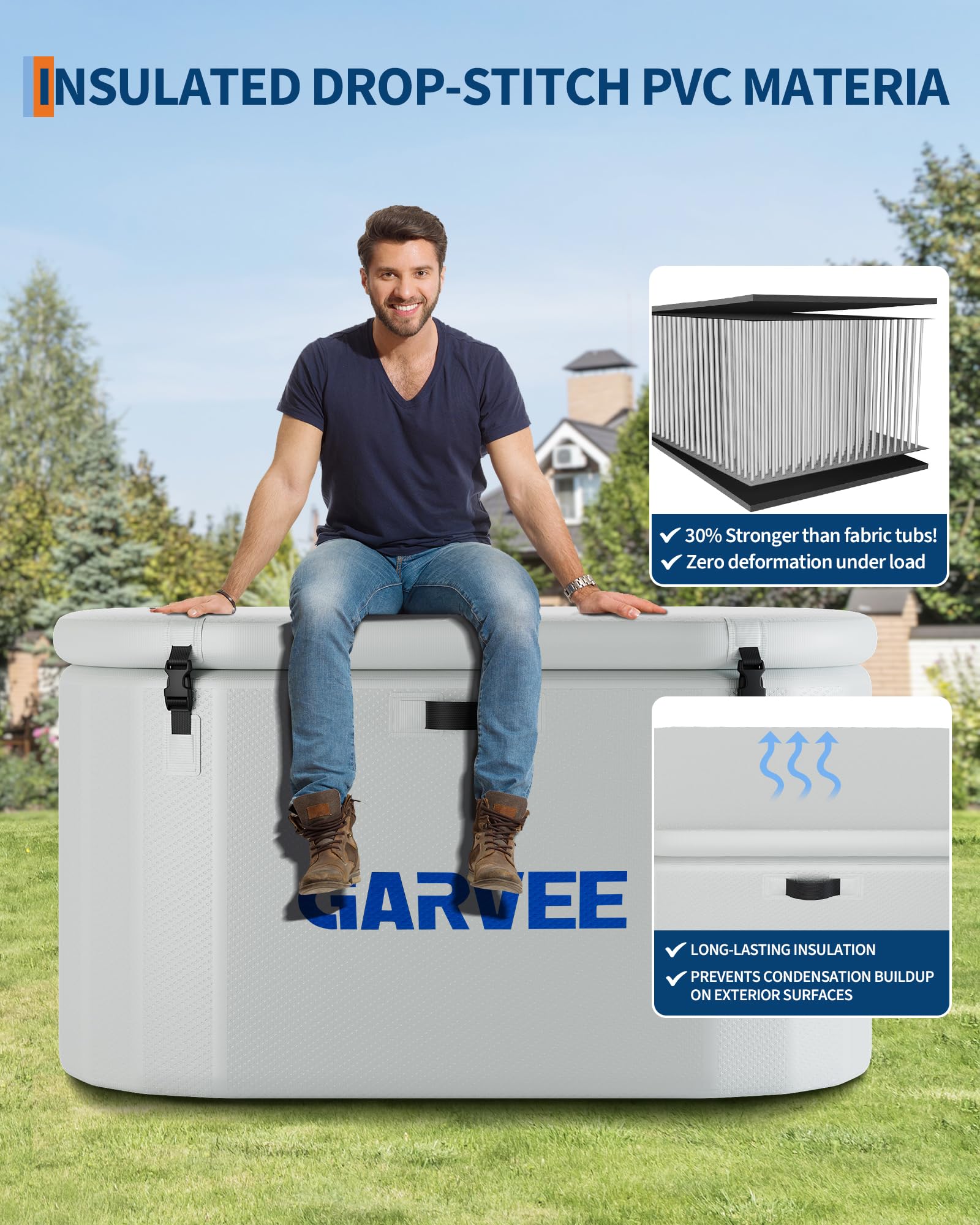 Baignoire glacée Garvee pour athlètes, 248 gallons (930 litres), ovale, portable, en PVC et fibre de verre, couvercle isolé, pour la récupération