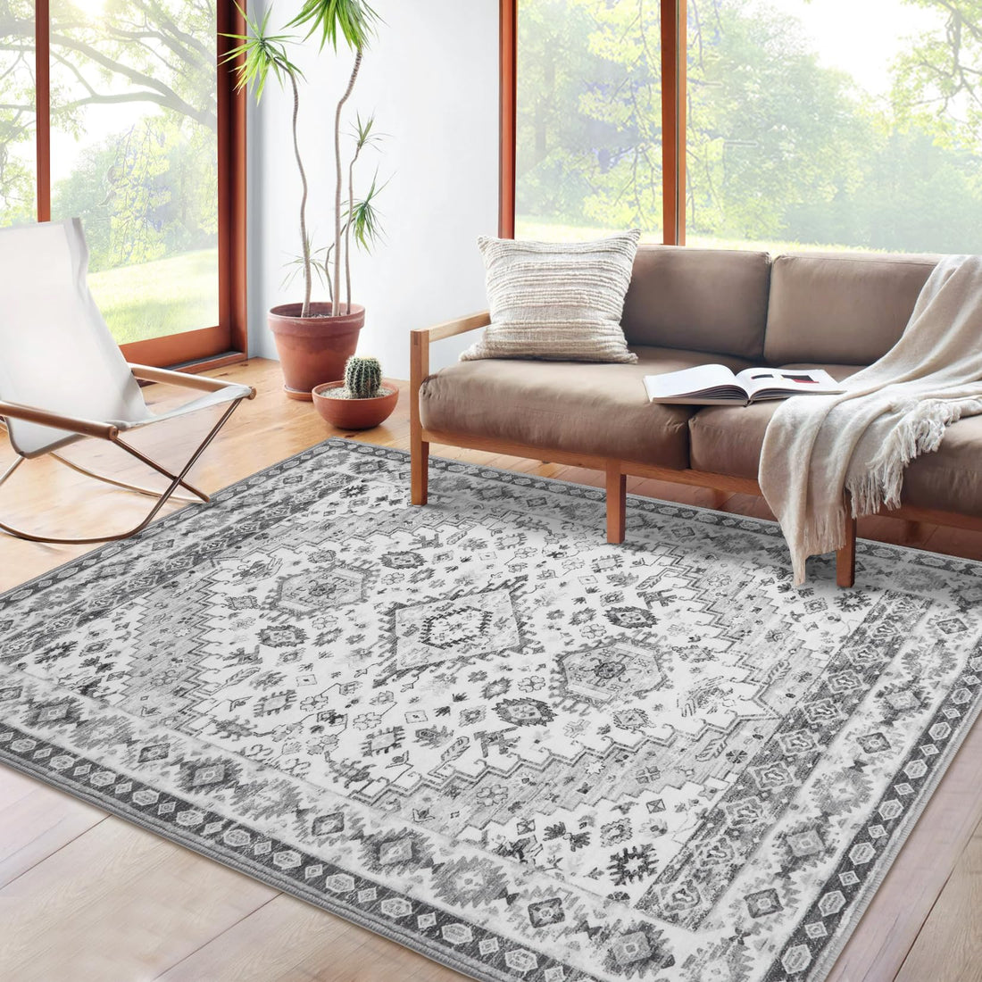 Tapis GARVEE style bohème traditionnel, lavable, antidérapant, doux, antitache, pliable, 80 x 150 cm, gris, salon