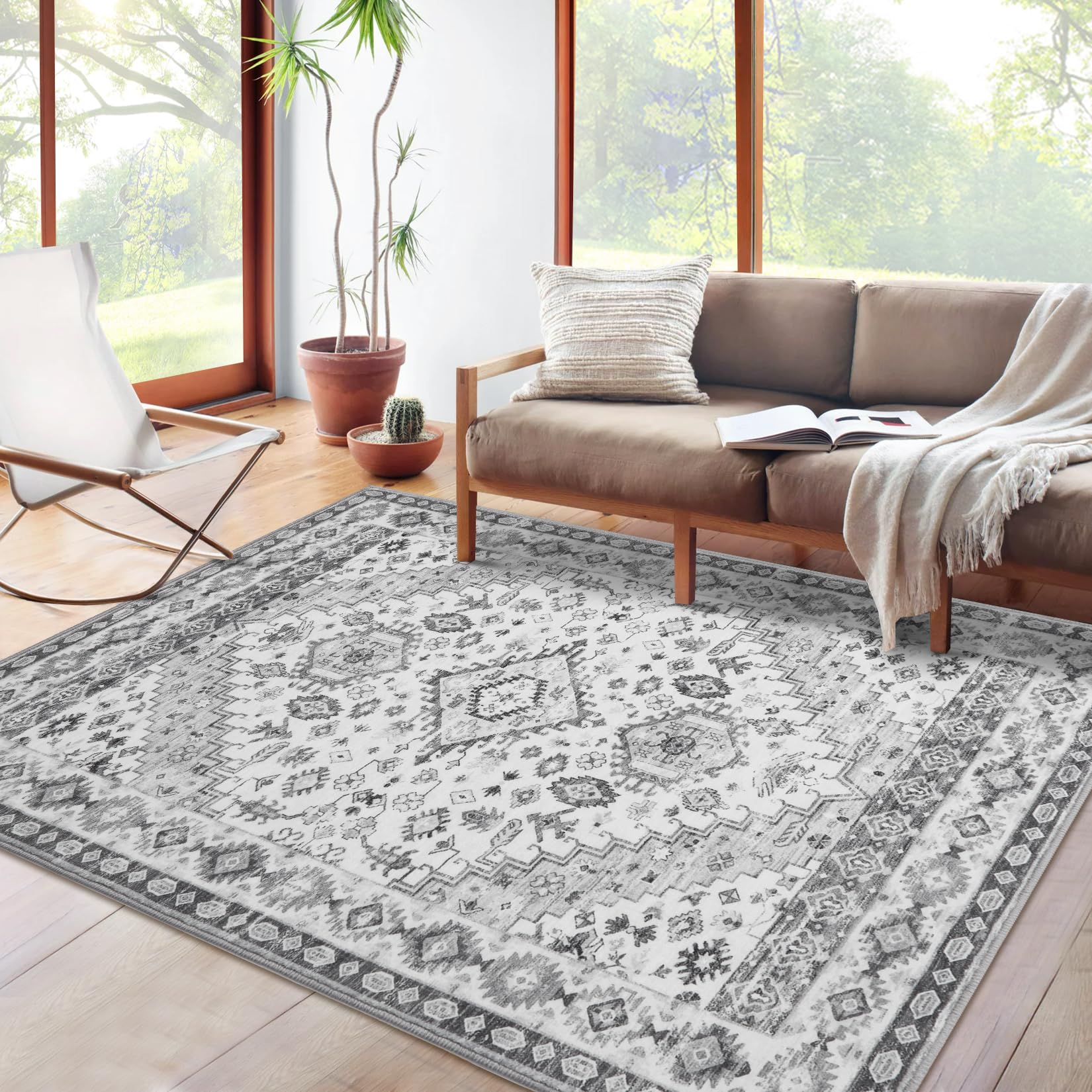 Tapis GARVEE style bohème traditionnel, lavable, antidérapant, doux, antitache, pliable, 80 x 150 cm, gris, salon