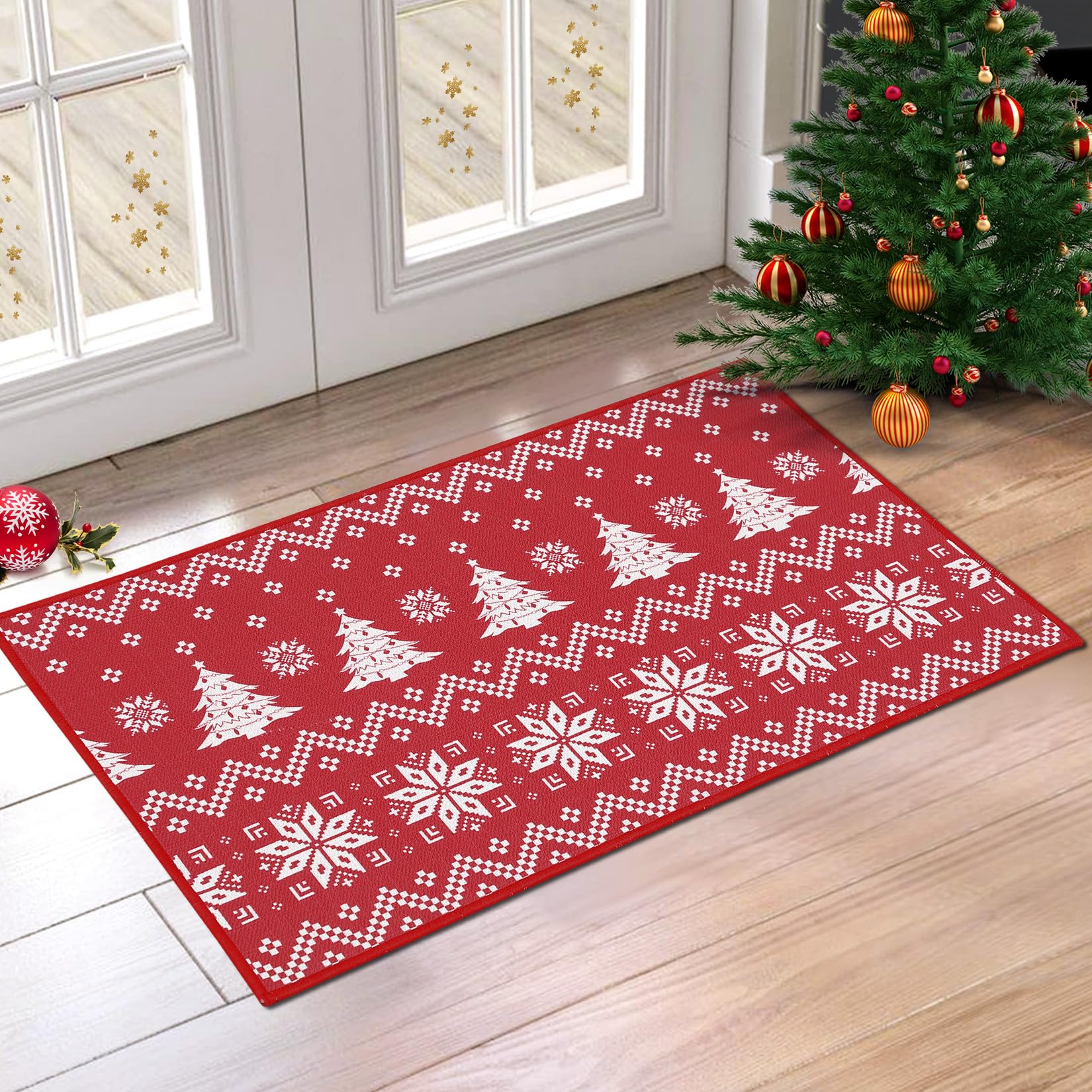 Tapis de Noël lavable Garvee rouge à motif cœur, antidérapant, 50 x 80 cm, pour l'intérieur et l'extérieur. Décoration de Noël.