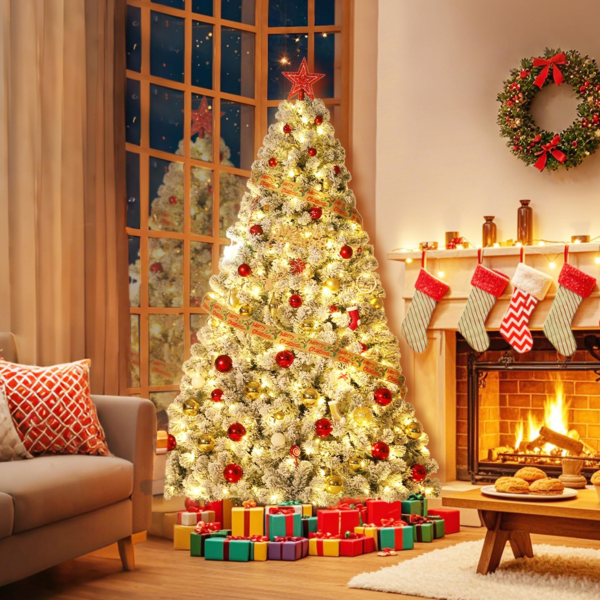 Sapin de Noël artificiel Garvee de 225 cm avec 550 LED, en PE/PVC de qualité supérieure, idéal pour les grandes pièces et les fêtes de Noël.