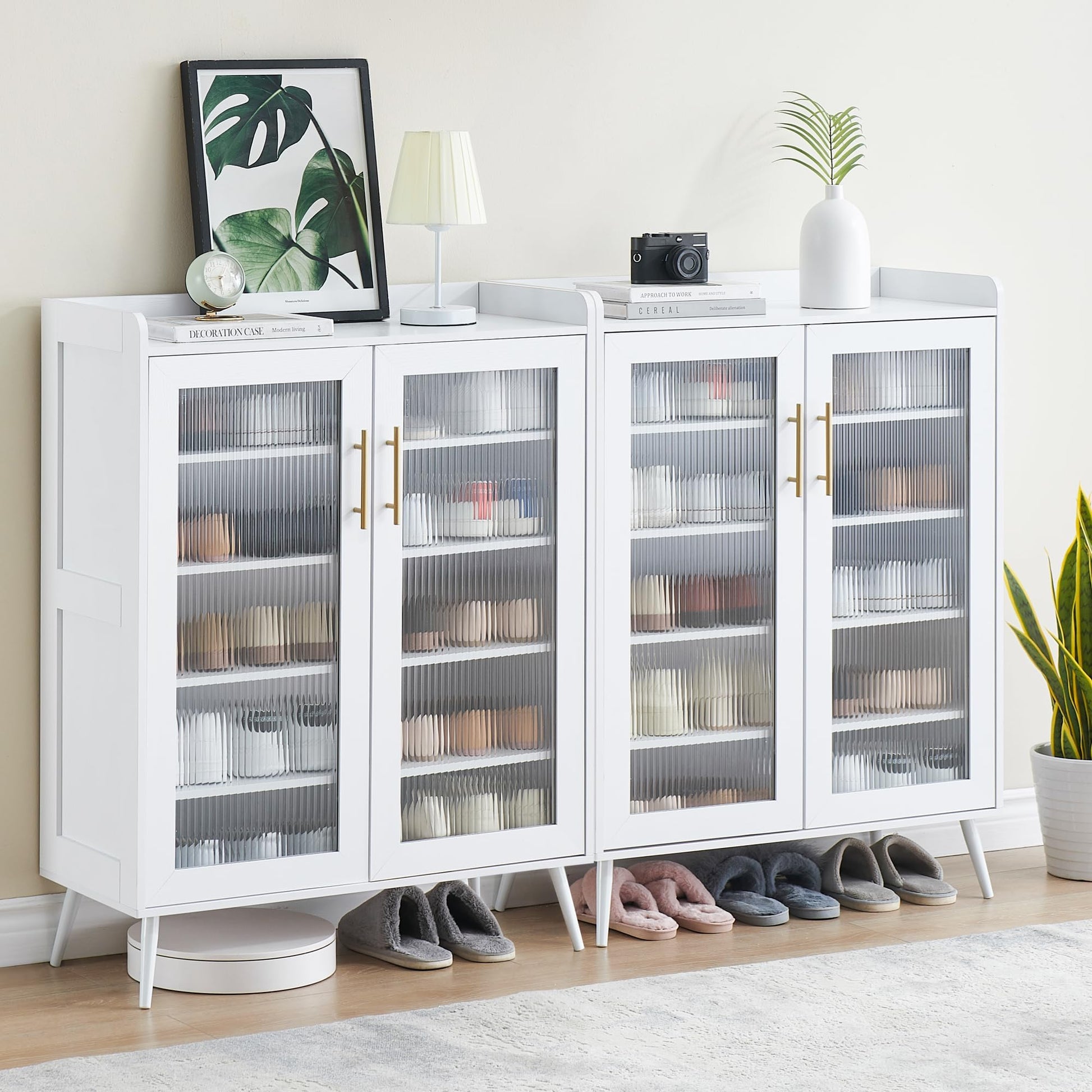 Meuble à chaussures Garvee à 5 niveaux avec façade en verre, étagères réglables, pieds robustes, blanc, gain de place pour couloir et entrée