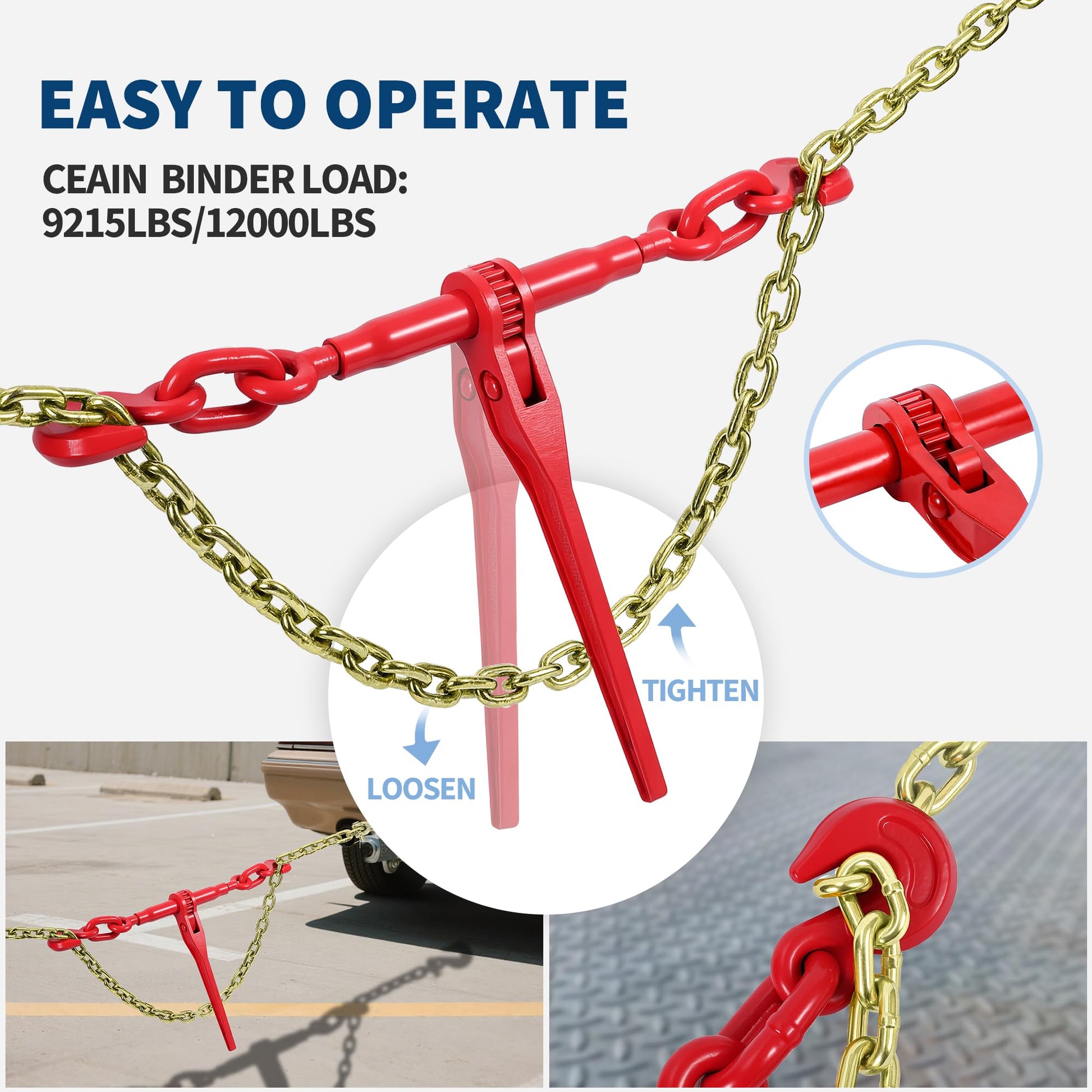 Tendeur à chaîne à cliquet en acier Garvee à 4 brins avec crochets G80 pour camions à plateau, capacité de levage de 3 220 kg, poignée antidérapante, chaînes de 12,7 à 9,5 mm, ensemble de 4