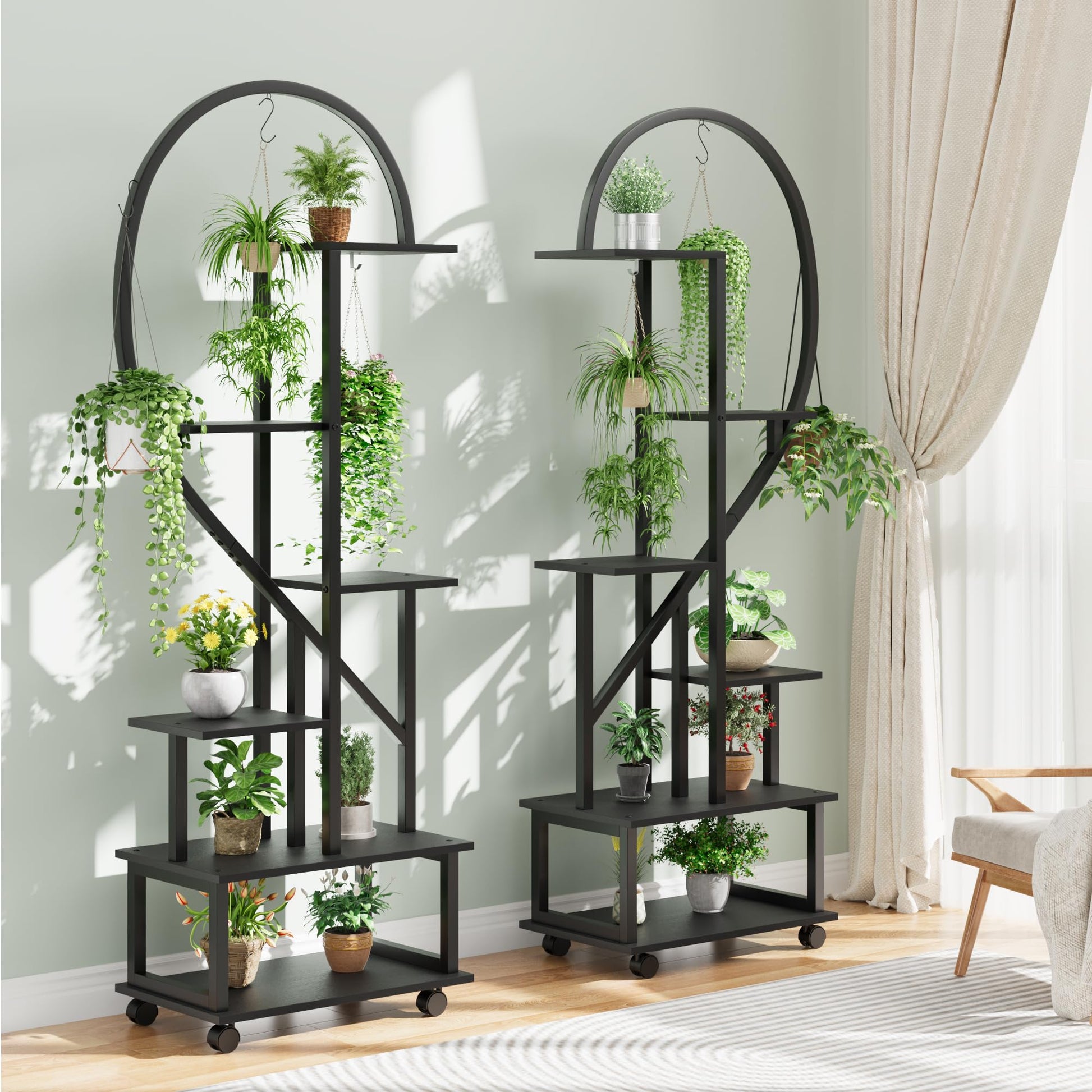 Ensemble de 2 supports à plantes Garvee, métal et bois, support à fleurs en forme de demi-cœur pour l'intérieur et l'extérieur, jardin, balcon, terrasse, noir