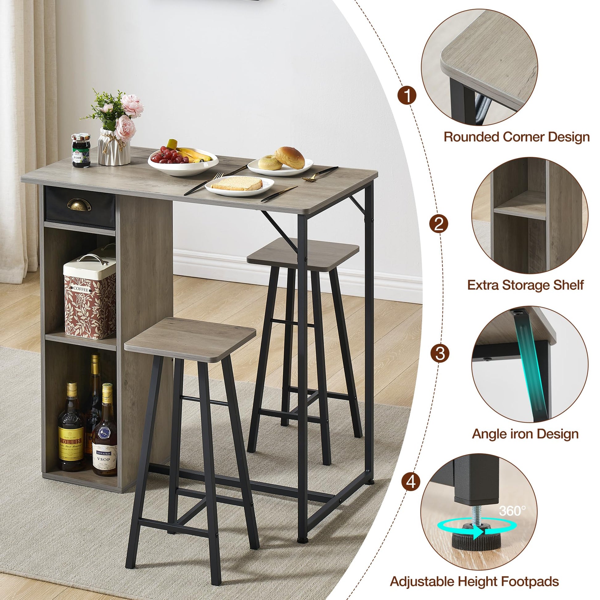 Ensemble table et chaises de bar rustiques Garvee, 3 pièces avec rangement, coussins ergonomiques, structure en métal, compact et imperméable. Idéal pour appartement et bar.