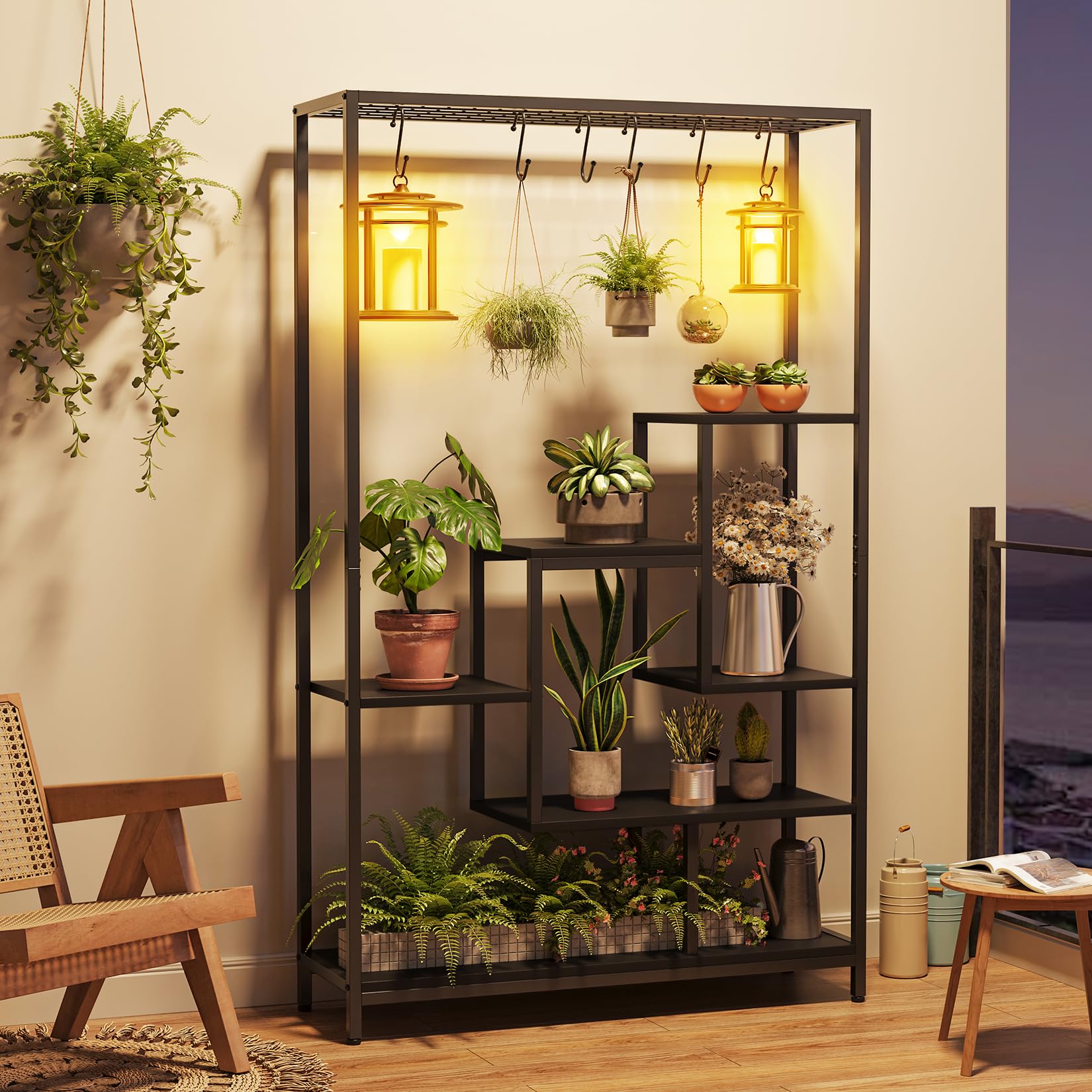 Support pour plantes d'intérieur Garvee, structure métallique à 5 niveaux avec crochets pour balcon et salon, 180 cm (70,9 pouces), noir