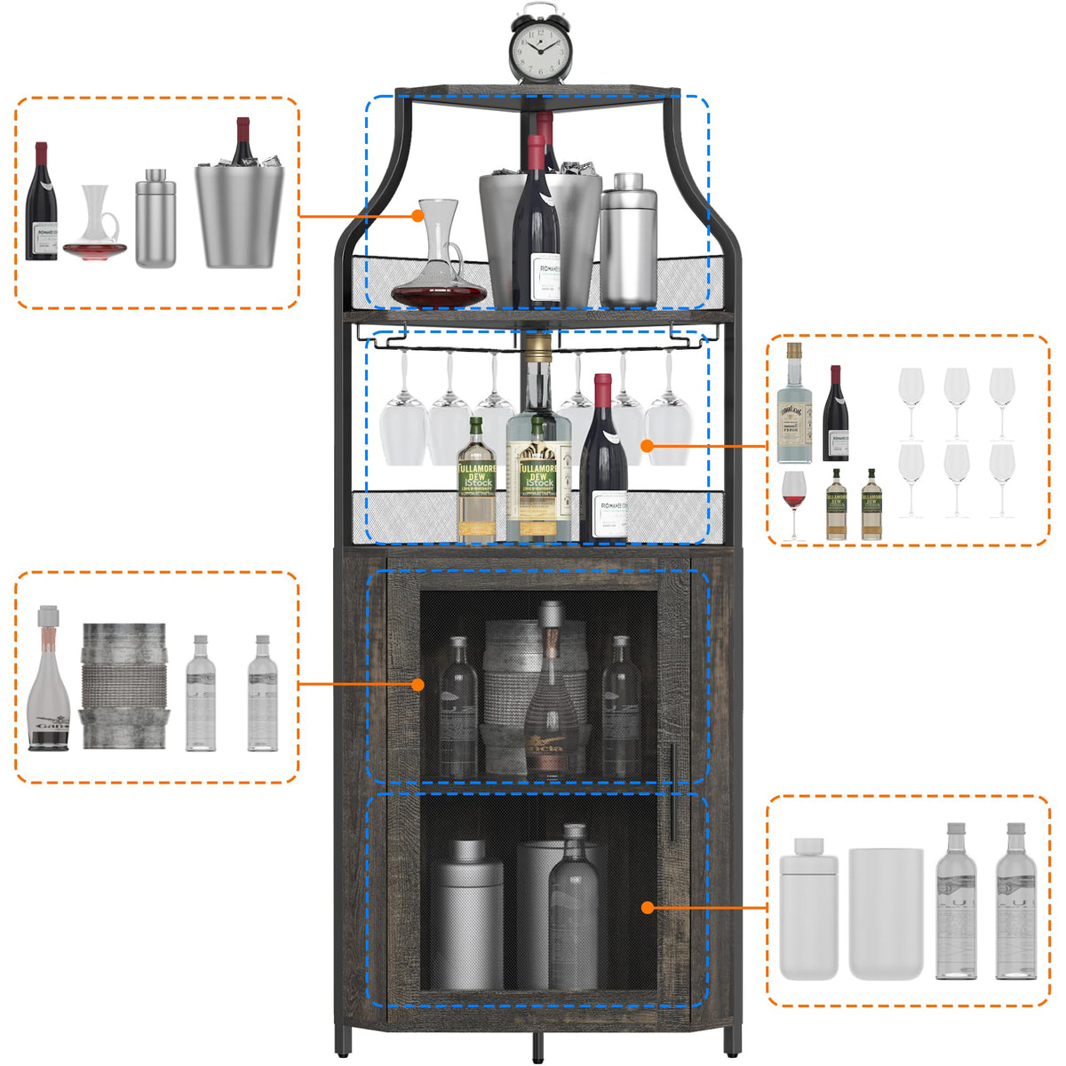 Garvee Meuble bar d'angle, 5 niveaux avec casier à vin, porte-verres, porte coulissante de style grange, idéal pour le salon et la cuisine, 47 × 45 × 154 cm, gris, gain de place, robuste