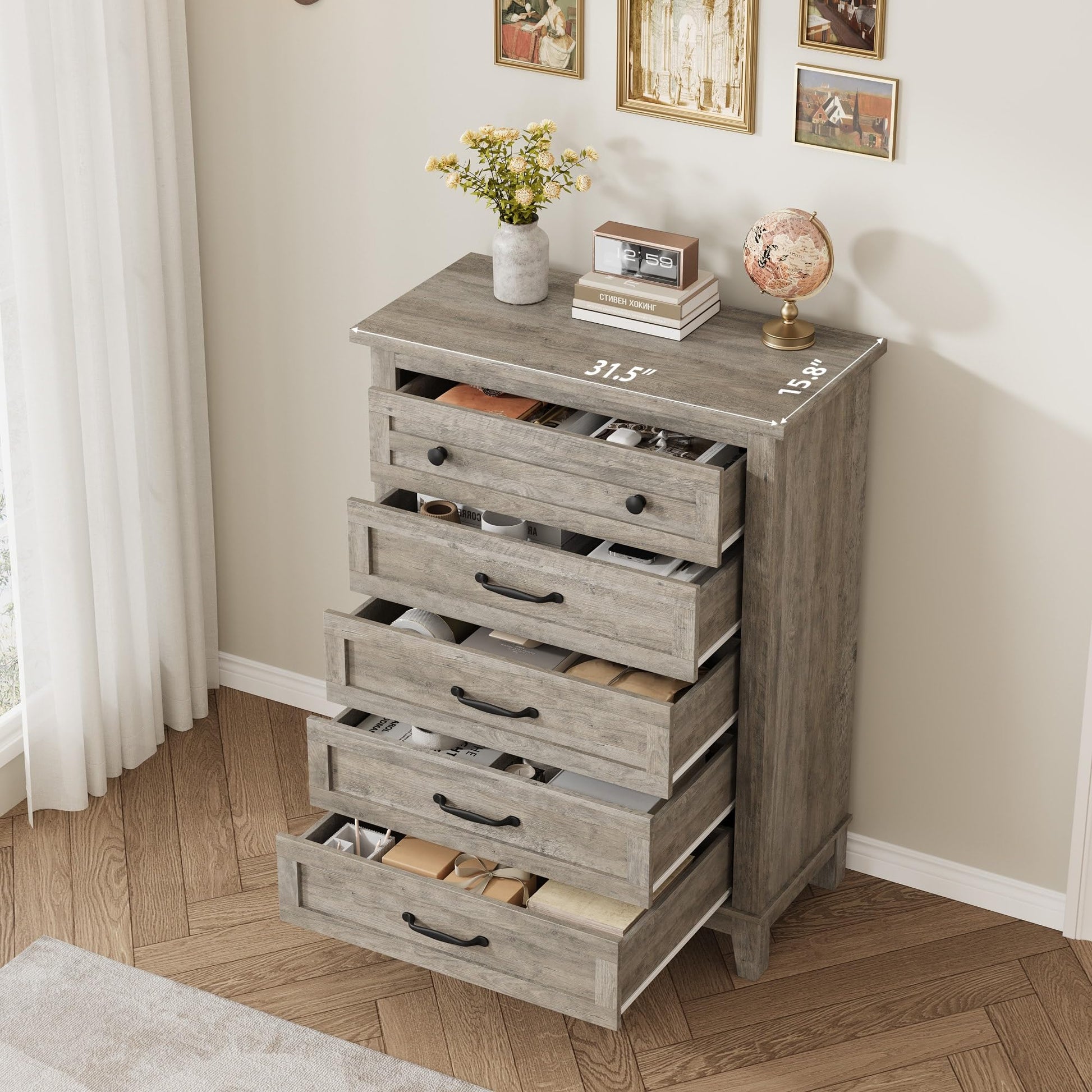 Commode Garvee à 5 tiroirs avec grand espace de rangement, en bois MDF, imperméable, idéale pour la chambre et le salon, dimensions : 80 x 40 x 105 cm, couleur naturelle.