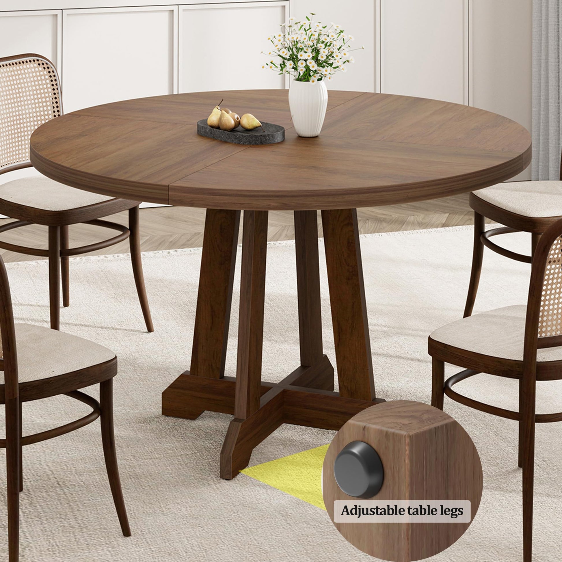 Garvee Table de salle à manger ronde pour 4 personnes, en bois, 119cm (119,4cm), piètement en croix robuste, pieds réglables, marron