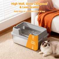 Bac à litière Garvee grand format en acier inoxydable 36 L, semi-fermé, avec tapis antidérapant et pelle à litière, idéal pour les foyers avec plusieurs chats, 60 x 40 x 27 cm, gris.