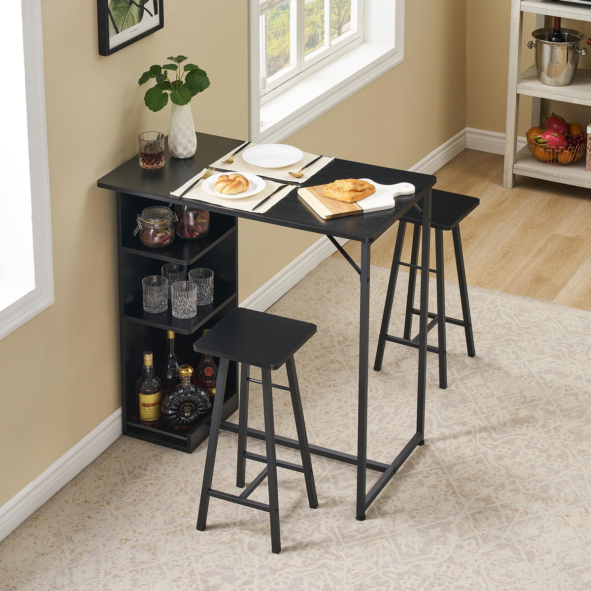 Ensemble table et chaises de salle à manger Garvee 36 po avec rangement, robuste et ergonomique, MDF et acier, noir, pour appartements et cuisines