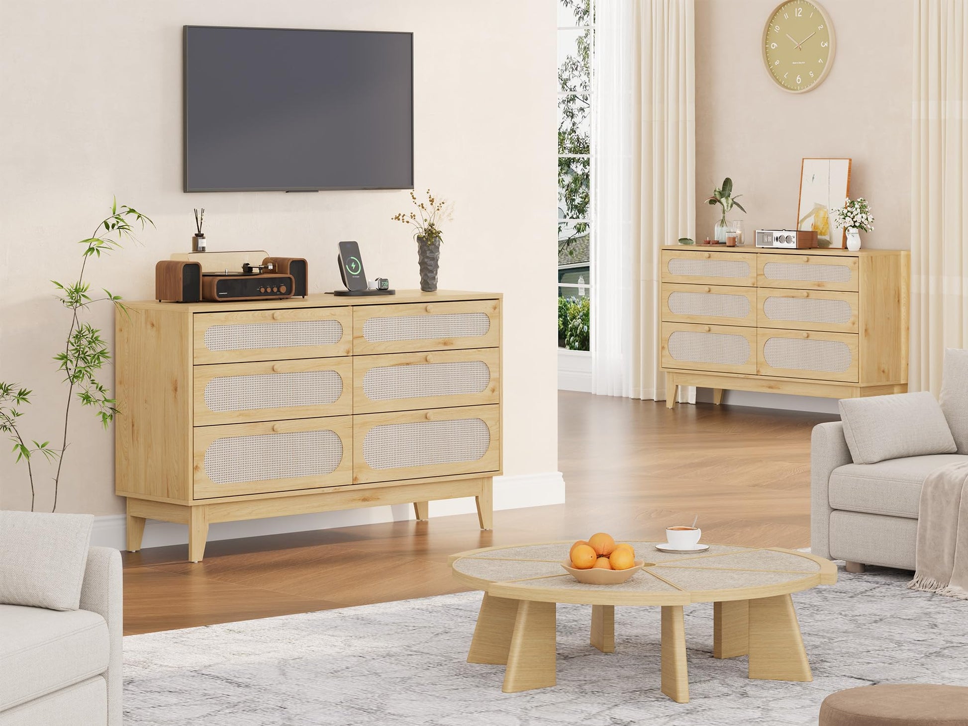 Garvee commode en rotin, 6 tiroirs, ports USB, bois naturel, style bohème, chambre et salon, 132 cm (L) × 79 cm (H), coloris naturel