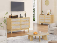Garvee commode en rotin, 6 tiroirs, ports USB, bois naturel, style bohème, chambre et salon, 132 cm (L) × 79 cm (H), coloris naturel