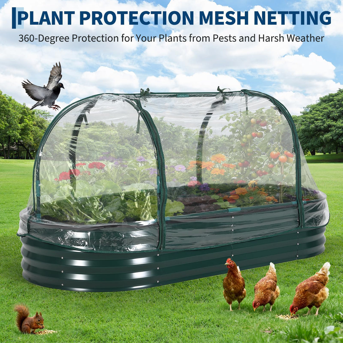 Jardinière surélevée en métal robuste Garvee avec cadre renforcé et filet de protection contre les oiseaux, pour jardin et terrasse, ouverte, résistante aux intempéries et durable.