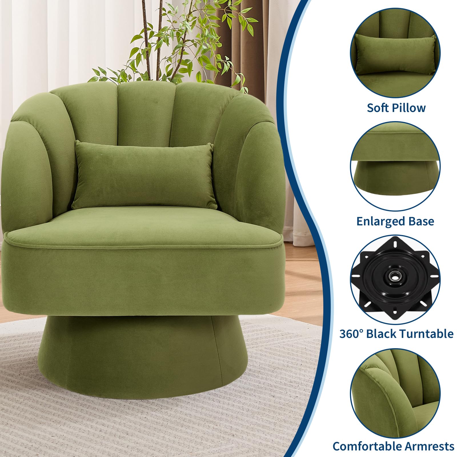 Garvee Fauteuil pivotant moderne en velours vert, rotation 360°, structure en bois robuste, assise confortable, idéal pour salon, chambre ou coin lecture.