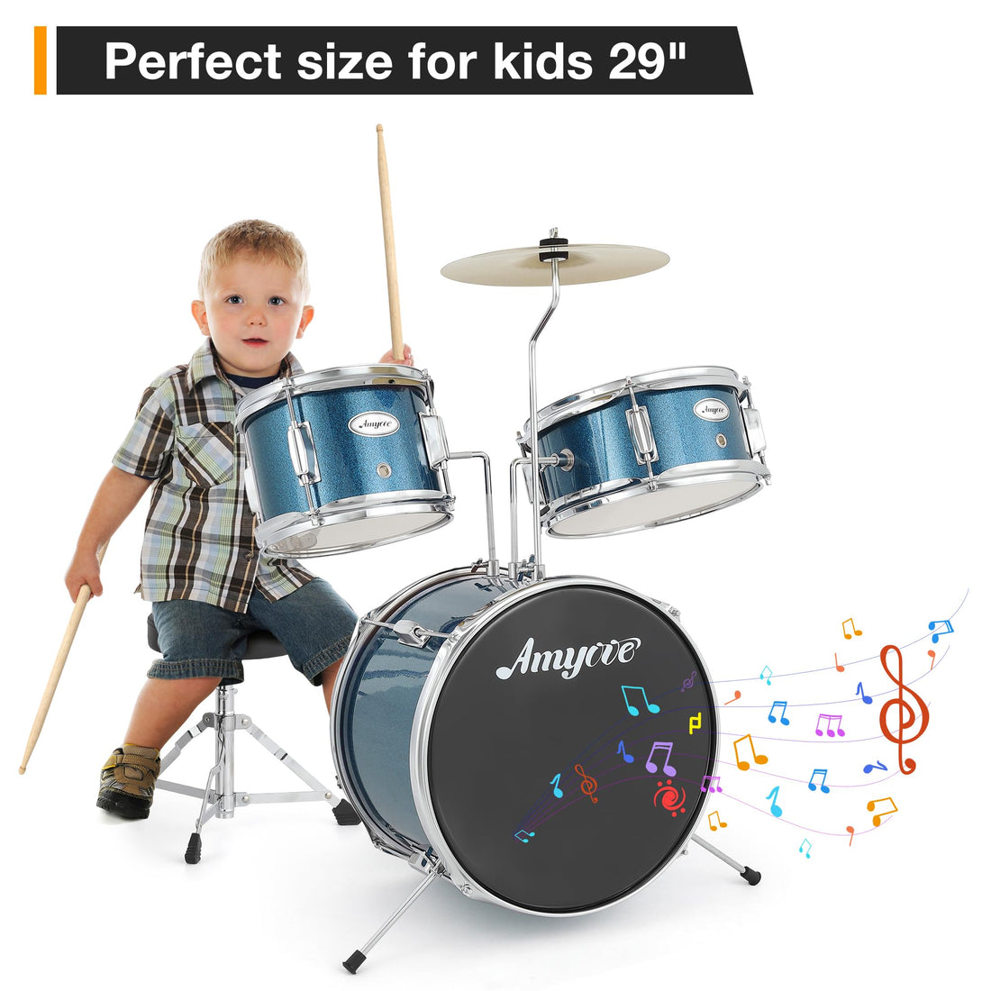 Garvee Batterie 3 pièces pour débutants avec grosse caisse de 35,6 cm, tom de 25,4 cm, bleue, en bois, tabouret inclus, pour les enfants