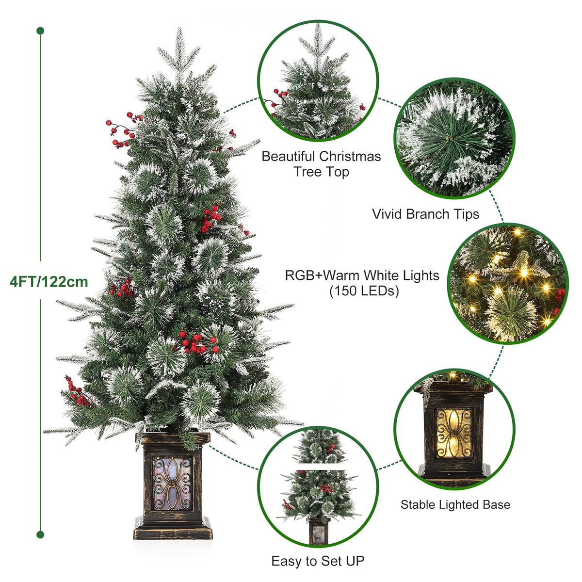 Garvee sapin de Noël artificiel, 1 pièce, 120 cm, 150 LED (blanc chaud et multicolore), 8 modes d'éclairage, base à neuf têtes d'oiseau, fibre optique
