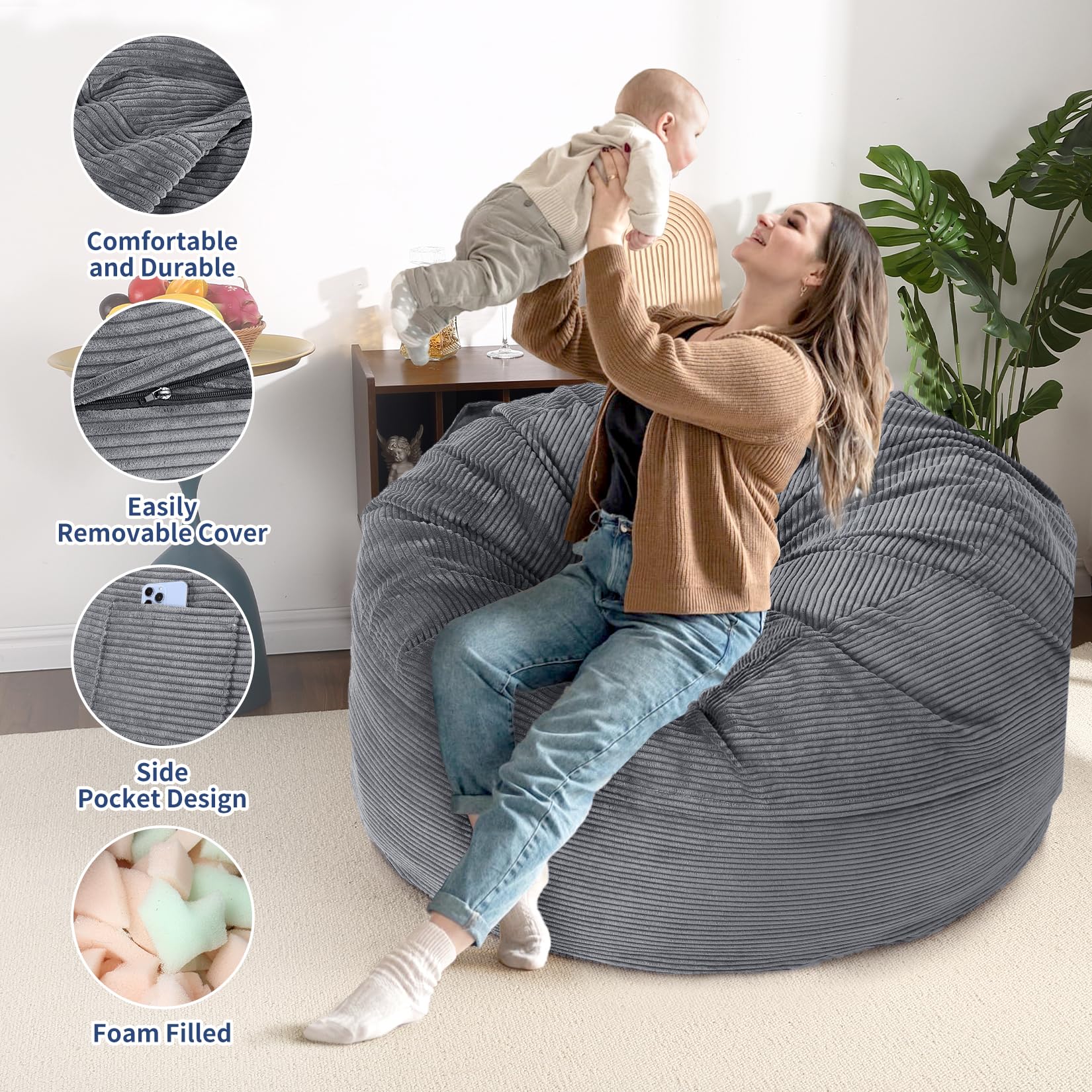 Pouf géant Garvee pour adultes, convertible en lit pouf 2 en 1, housse en velours côtelé lavable, gris clair, pour salon et chambre.