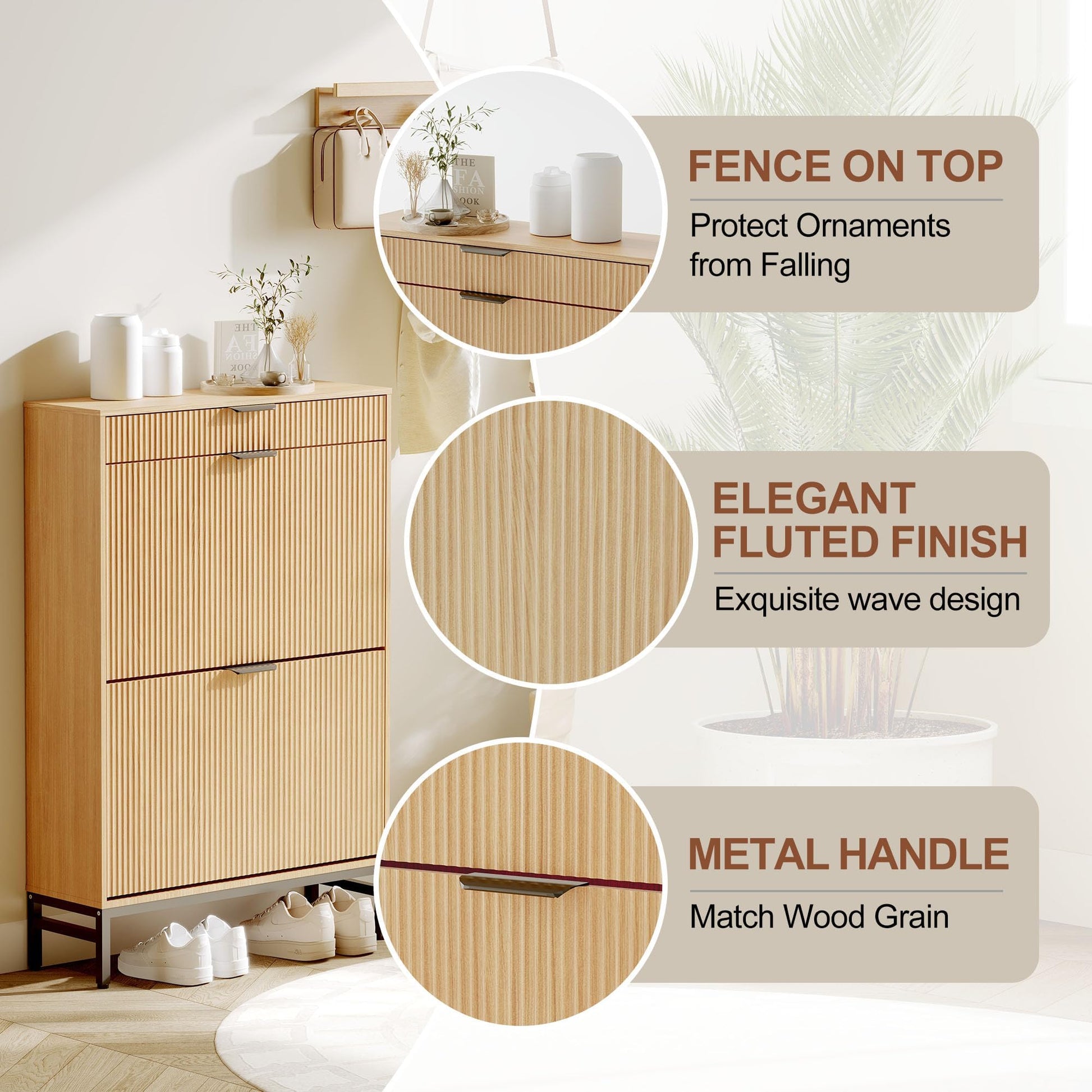 Meuble à chaussures Garvee avec 3 portes à charnières et 2 tiroirs, bois naturel - meuble de rangement pour entrée étroite