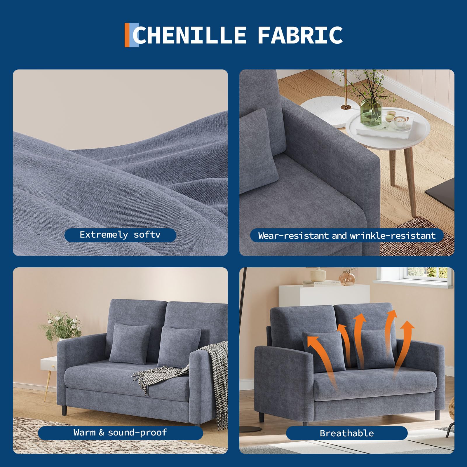 Canapé deux places Garvee 52 po avec ressorts ensachés de 7,5 po, dossier ergonomique, tissu Teddy, structure en bois robuste pour petits espaces, compact, salon, gris