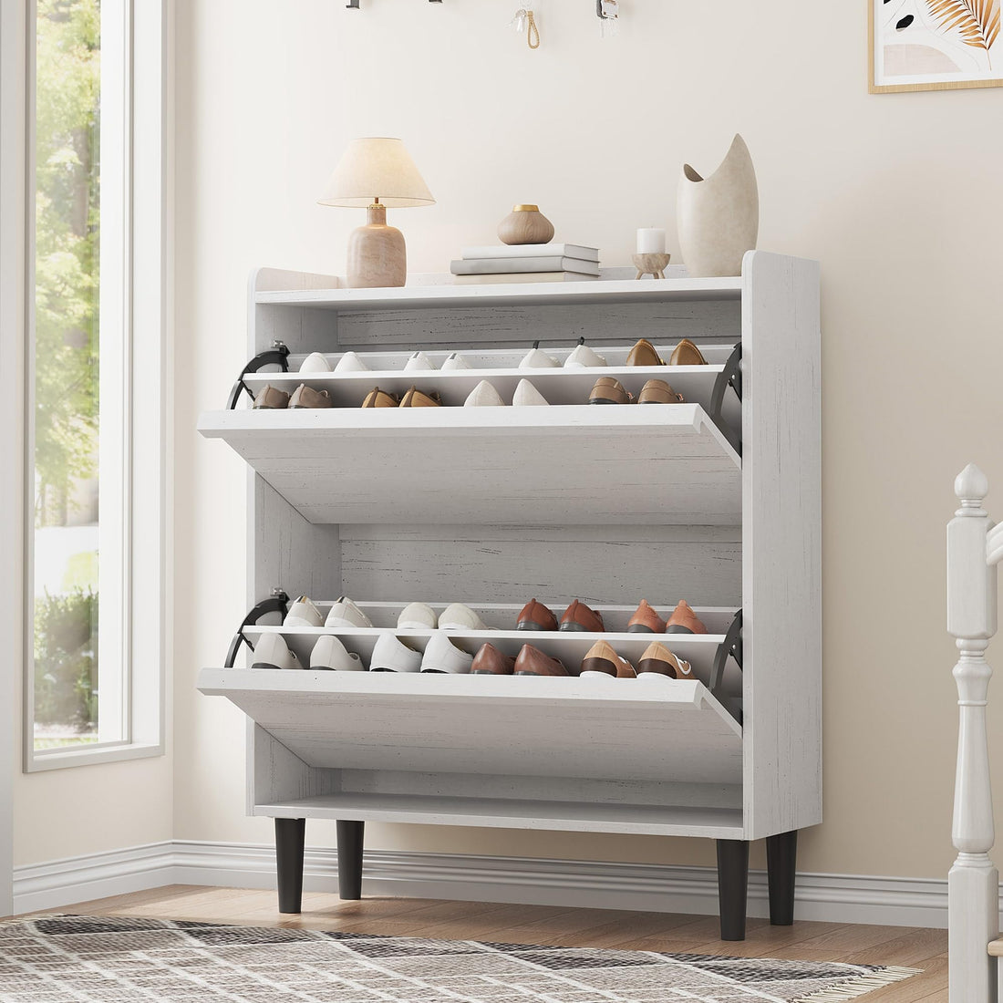 Garvee Meuble à chaussures 2 tiroirs abattants, MDF blanc, 87,6×26,7×95,2cm, étagères réglables pour entrée et salon