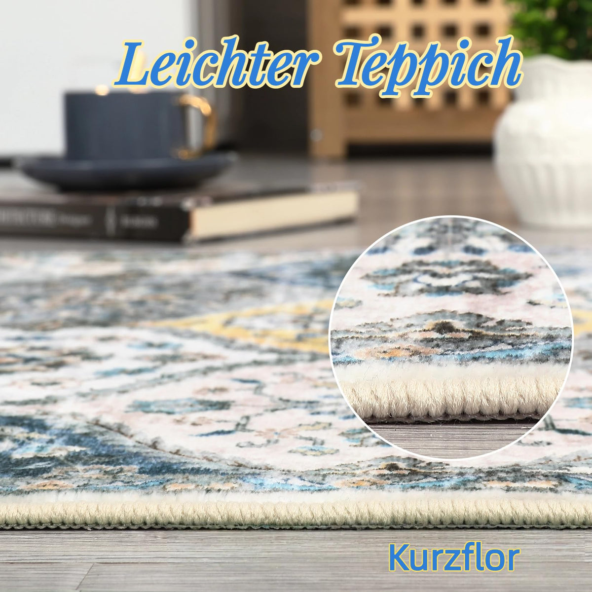 Tapis Garvee lavable vintage 160x230cm pliable à poils courts pour intérieur salon bleu jaune