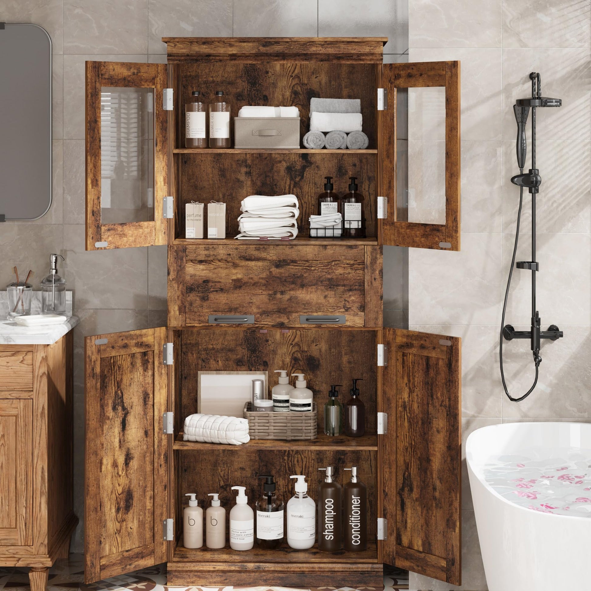 Meuble de salle de bain Garvee de 170 cm de haut avec 4 portes et tiroir en verre, idéal pour la salle de bain et la cuisine. Étagères réglables, couleur brun rustique, en MDF. Robuste et moderne.