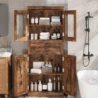 Meuble de salle de bain Garvee de 170 cm de haut avec 4 portes et tiroir en verre, idéal pour la salle de bain et la cuisine. Étagères réglables, couleur brun rustique, en MDF. Robuste et moderne.