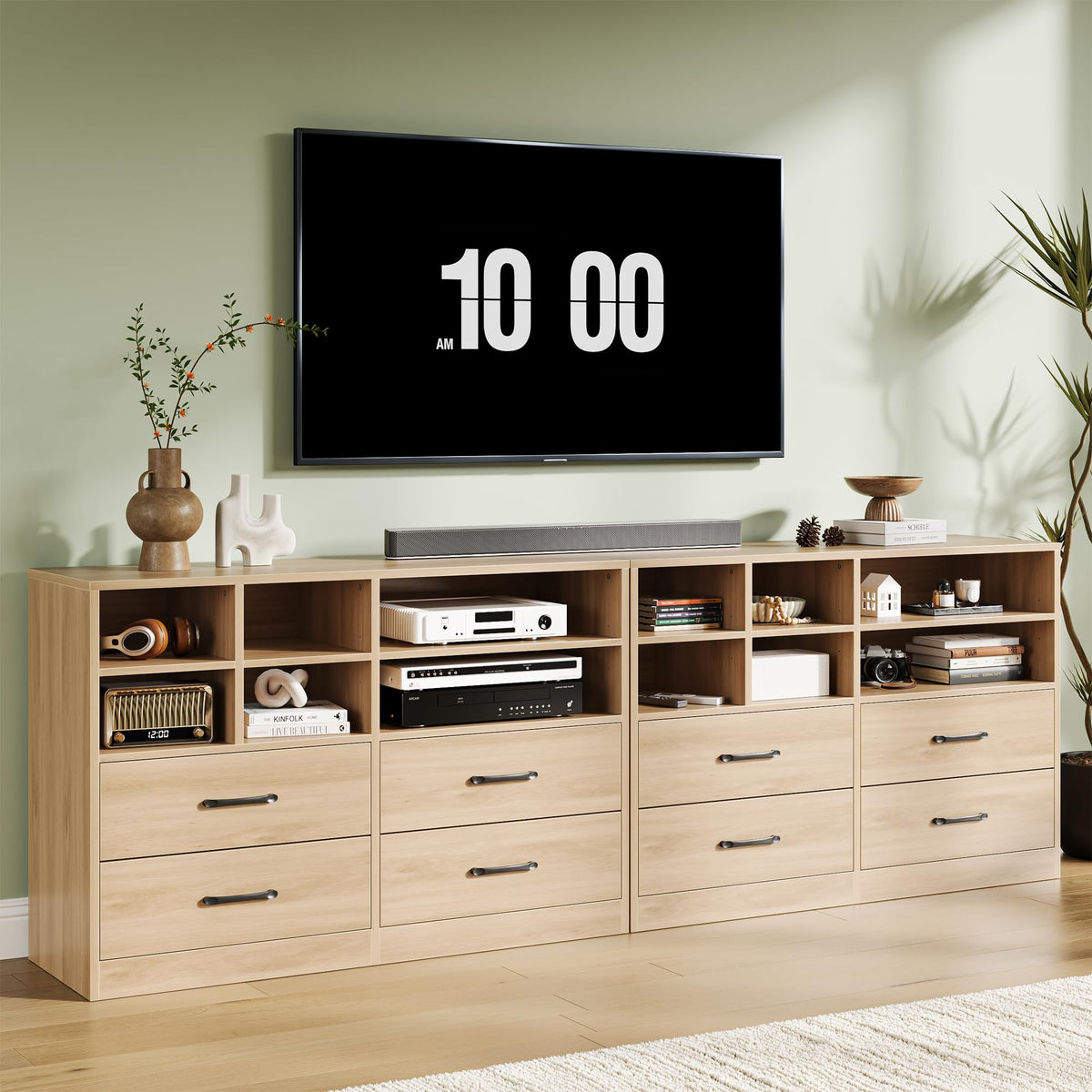 Garvee commode à 4 tiroirs avec 6 compartiments ouverts, étagères réglables, MDF, meuble TV moderne pour la chambre et le salon, chêne, 120 cm (L) × 81 cm (H)