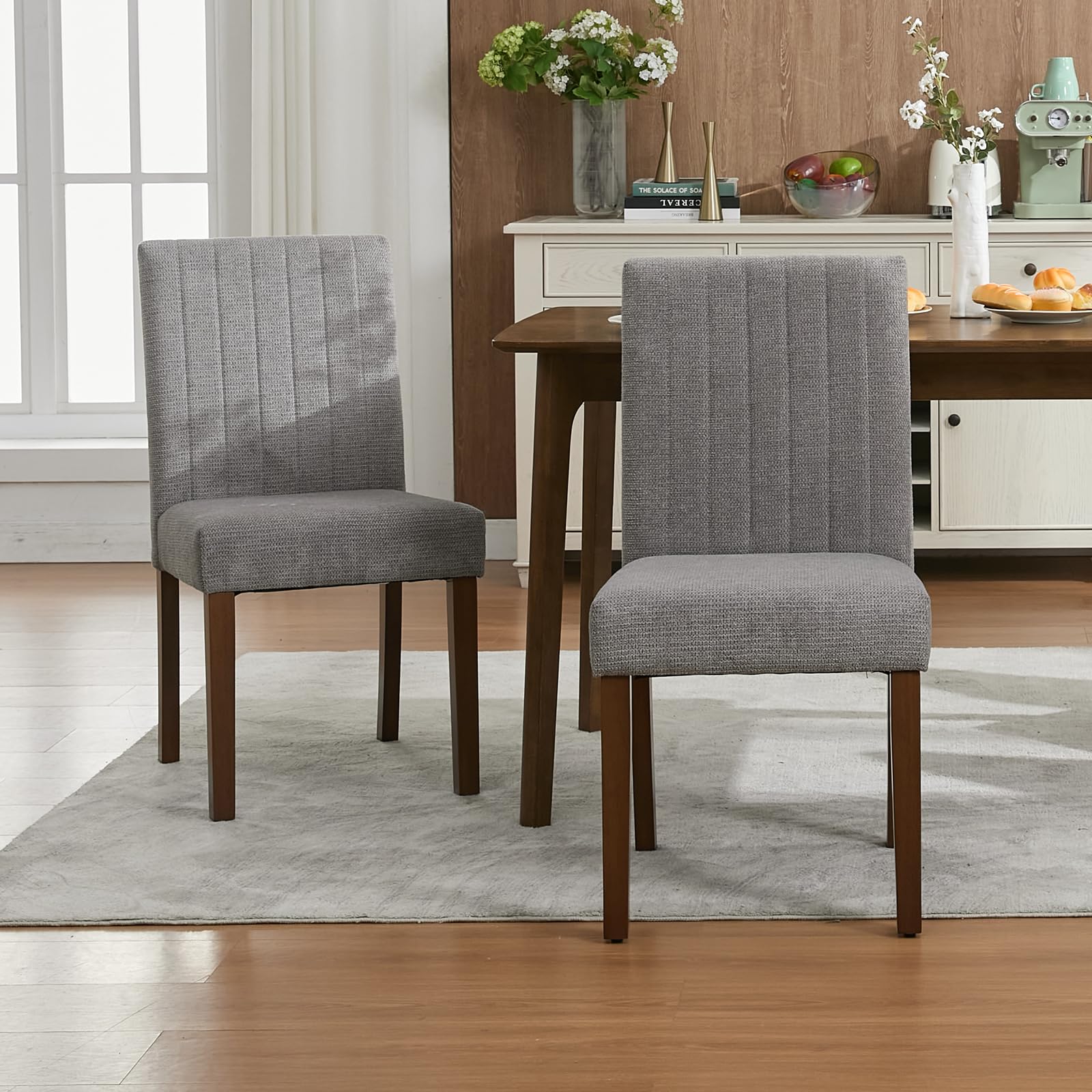 Chaises de salle à manger Garvee Parsons capitonnées avec revêtement en lin et pieds en bois pour la cuisine et le salon, rayures verticales grises