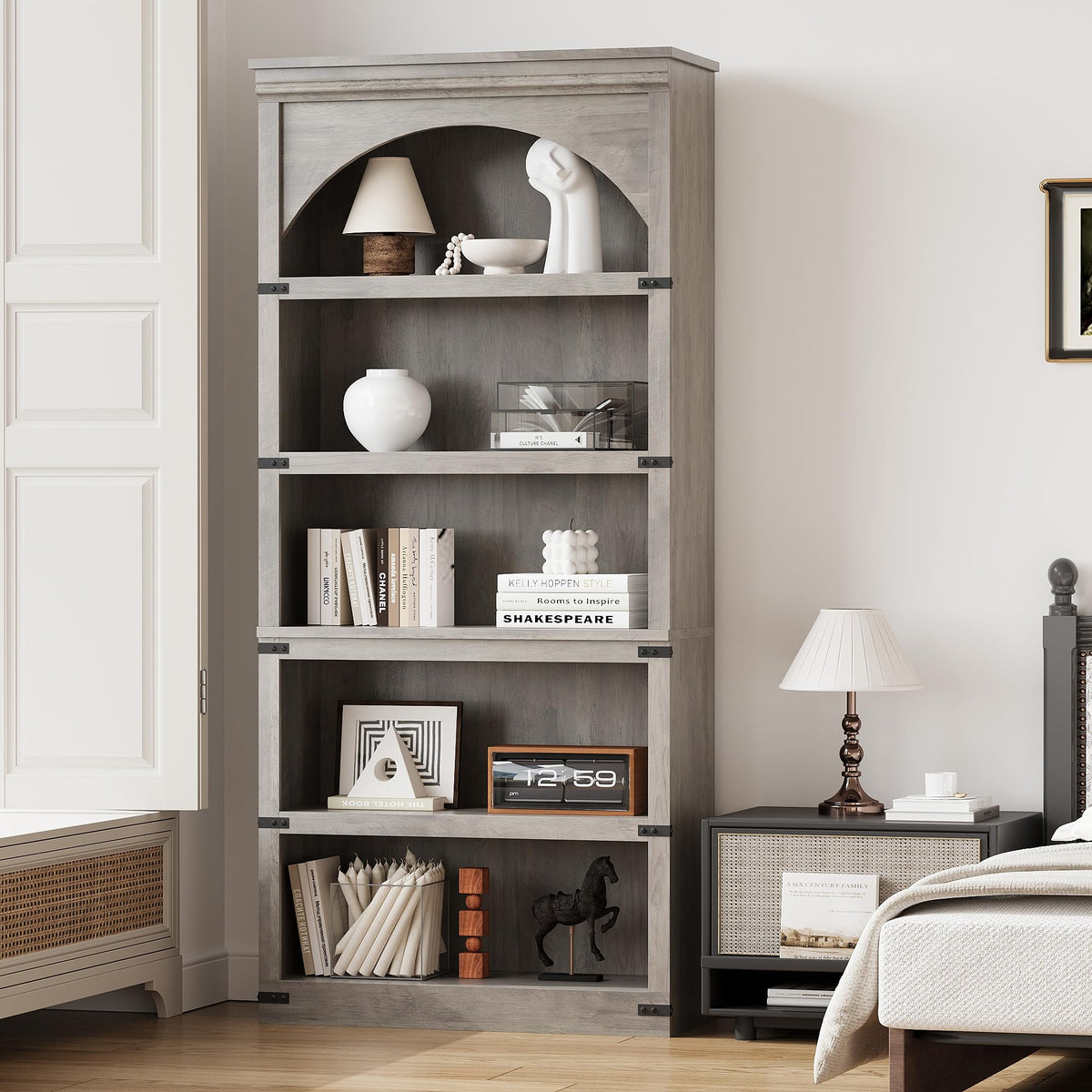Garvee étagère incurvée , 5 tablettes, 175 cm de hauteur, style champêtre, pour salon ou bureau, bois brun