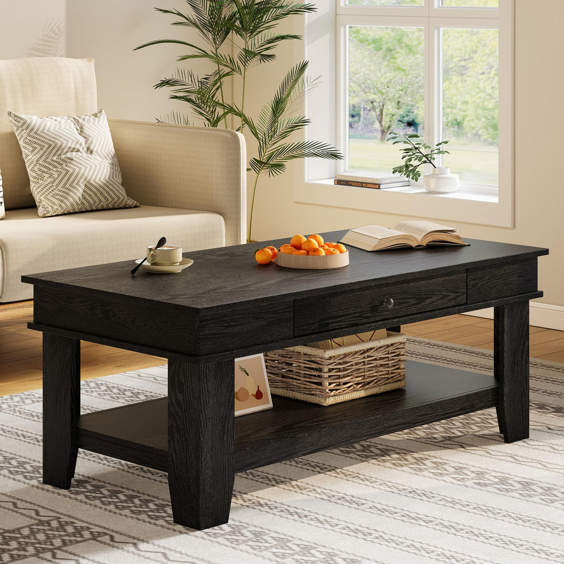 Garvee table basse grand format avec tiroir et étagère, pieds en L, bois, salon, 120 cm, noire