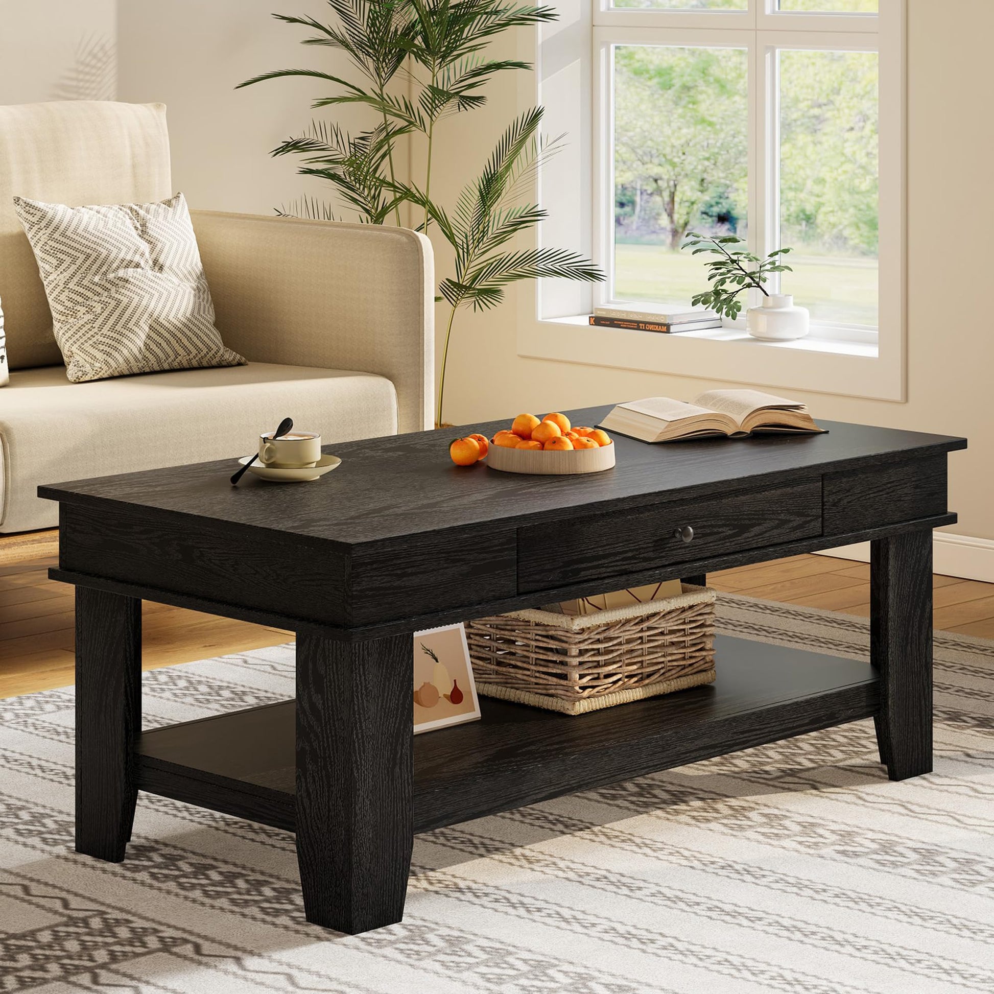 Table basse Garvee grand format avec tiroir et étagère, pieds en L, bois, design moderne, salon, 120 cm, marron