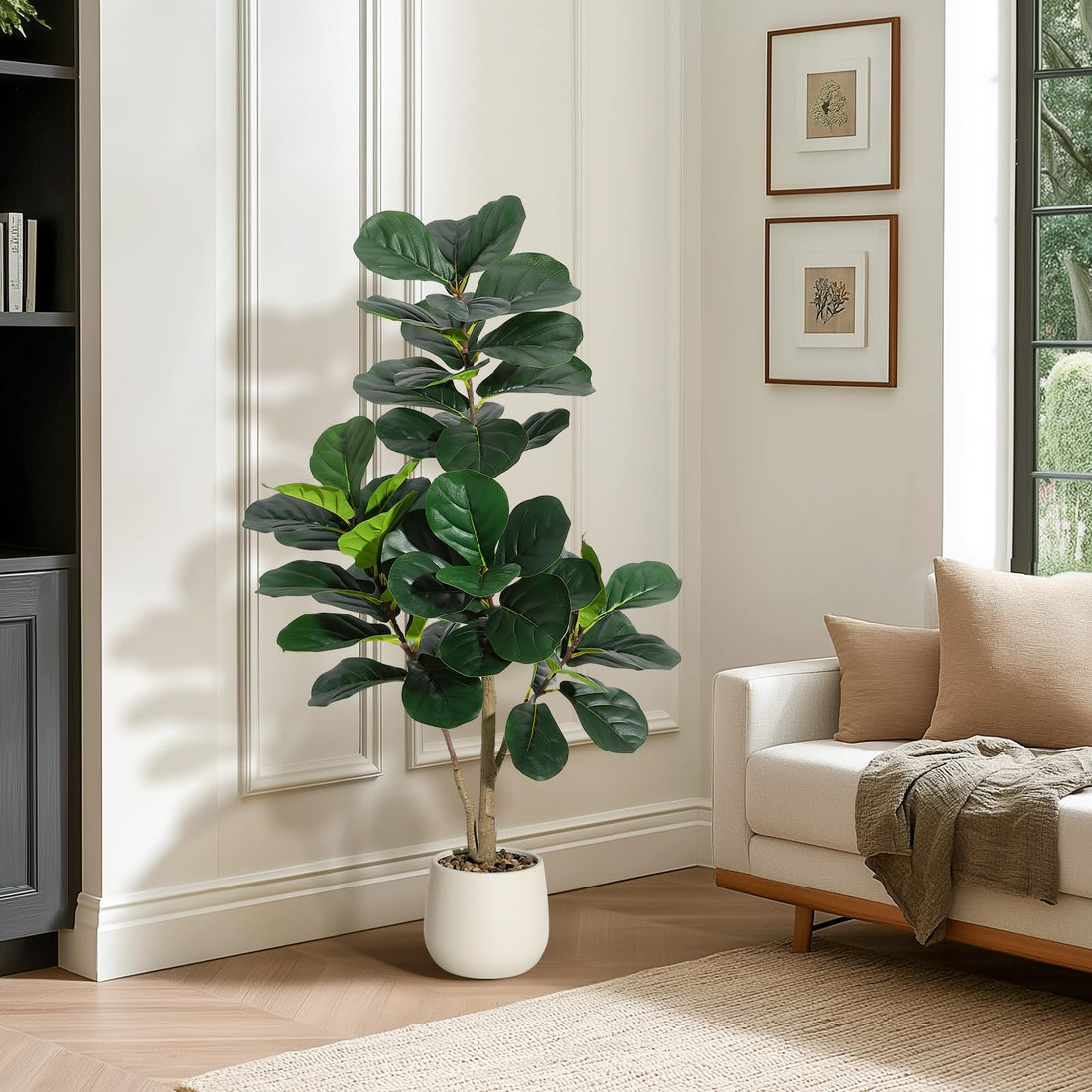 Ficus lyrata artificiel Garvee de 120 cm (4 pi) avec 48 feuilles, pot blanc de 20 cm (7,8 po), base en ciment robuste pour salon et bureau