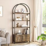 Étagère arquée à 4 niveaux Garvee avec portes, structure métallique industrielle, 182 cm (71,5 pouces), design ouvert, marron, idéale pour le salon et le bureau.