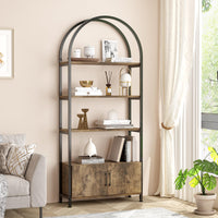 Étagère arquée à 4 niveaux Garvee avec portes, structure métallique industrielle, 182 cm (71,5 pouces), design ouvert, marron, idéale pour le salon et le bureau.