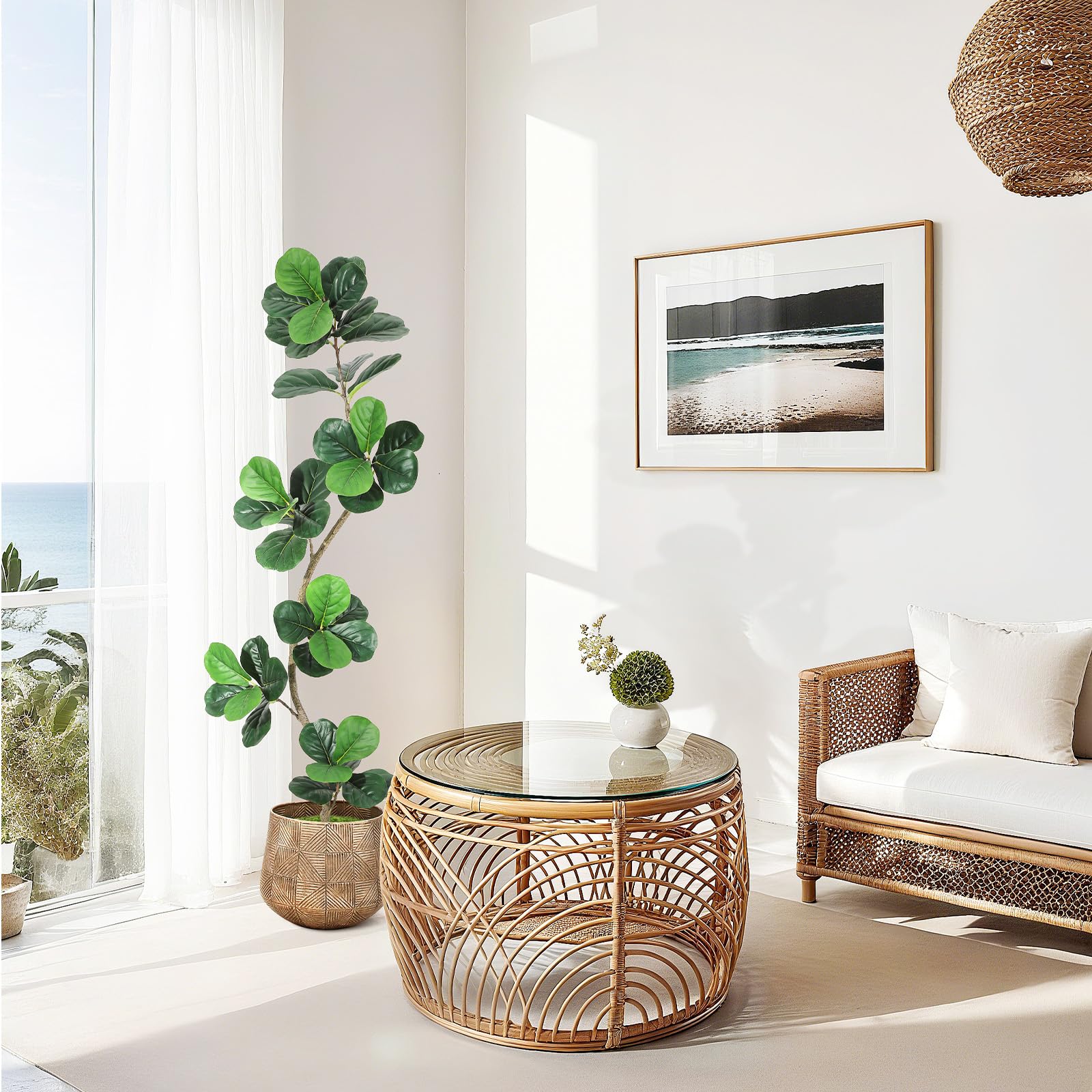 Garvee Ficus lyrata artificiel 183 cm en forme de S, pot blanc, feuilles en soie réalistes et branches ajustables, vert