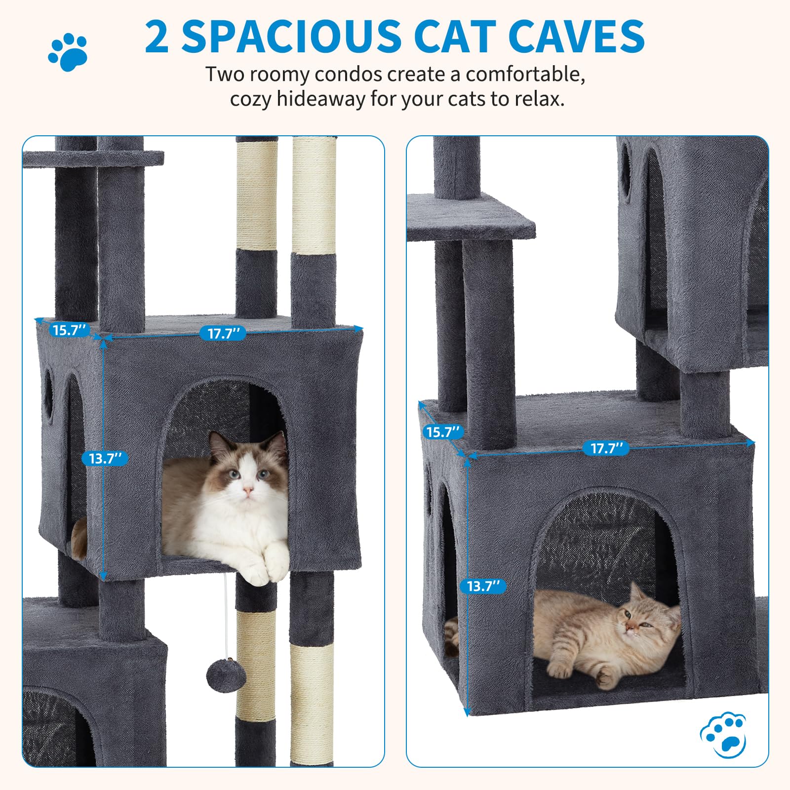 Garvee Arbre à Chat 155 cm Multi-Niveaux pour Grands Chats, Tour Stable avec Grande Plateforme, Gris Foncé, Intérieur