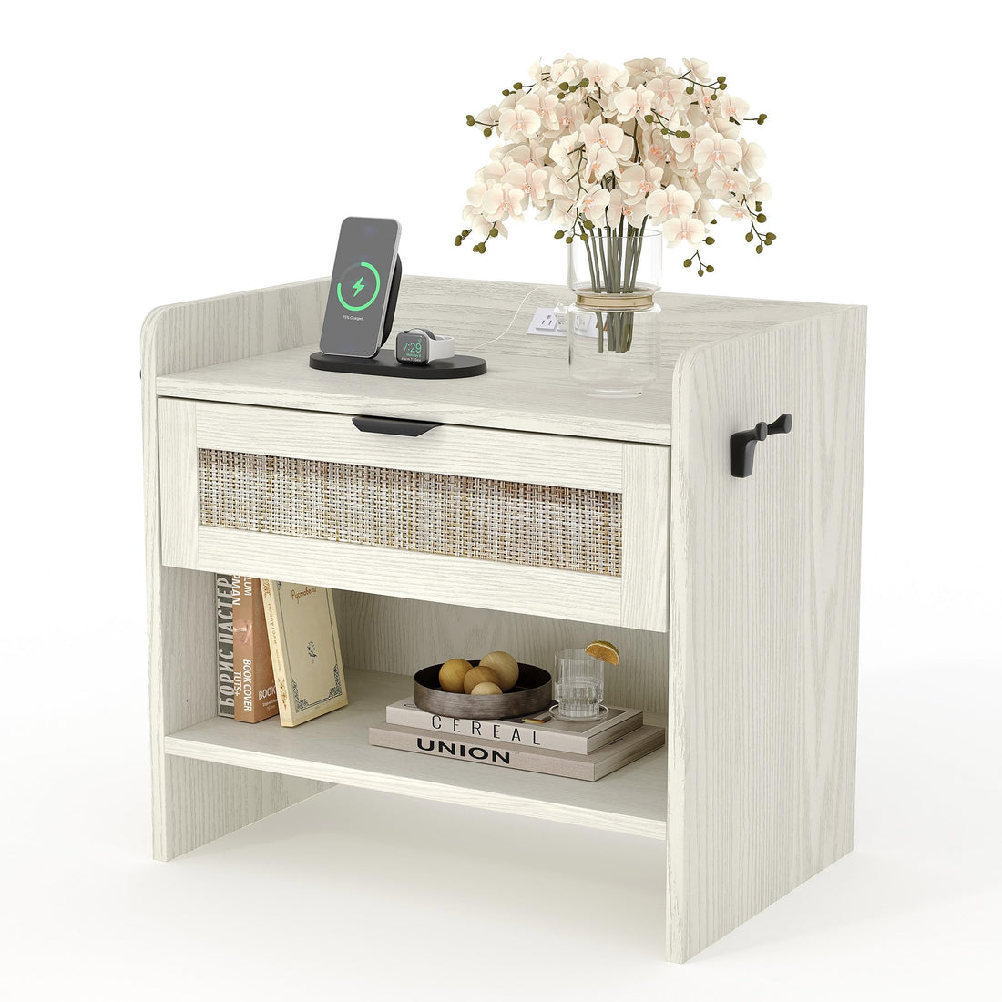 Table de chevet Garvee en rotin avec station de charge USB-C, 1 tiroir, rangement ouvert pour chambre et bureau, 60 x 39 x 56 cm, bois, robuste, polyvalente