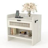 Table de chevet Garvee en rotin avec station de charge USB-C, 1 tiroir, rangement ouvert pour chambre et bureau, 60 x 39 x 56 cm, bois, robuste, polyvalente