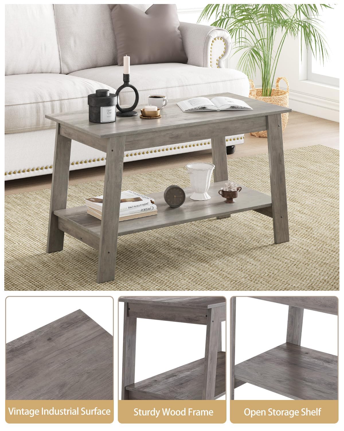Garvee table basse industrielle 80 cm à 2 niveaux, bois rustique gris, idéale pour le salon et la chambre, gain de place et stable